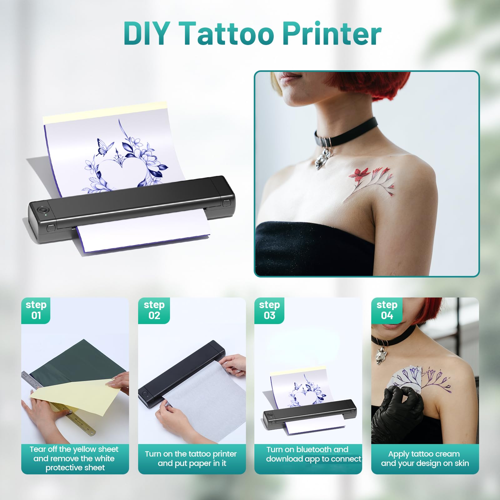 Professional M08F Wireless Tattoo Stencil Printer Kit - Bluetooth Thermal Printer for Tattoo Artists, Compatible with Smartphones & PC, Includes 10 Sheets A4 Transfer Paper - Perfect for Tattoo Studios, Home Practice & Professional Tattoo Design
