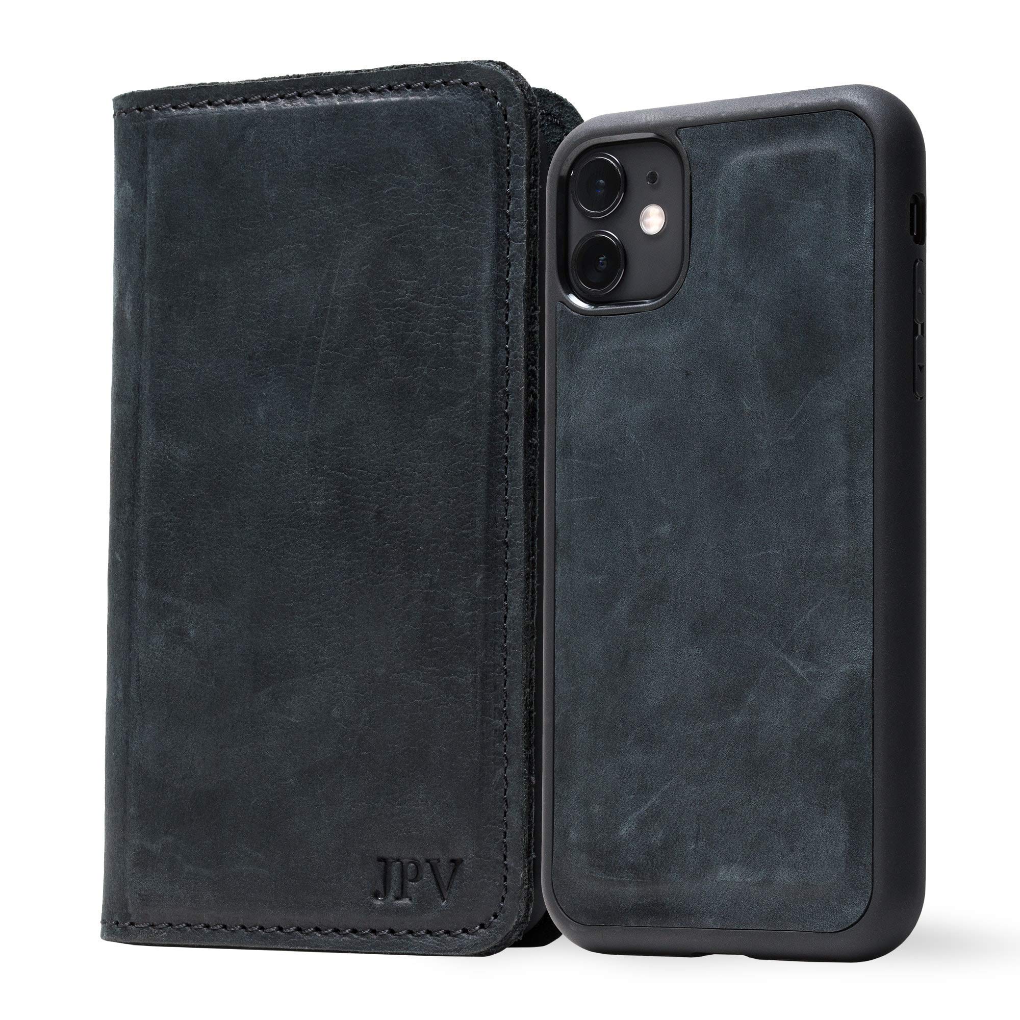 PEGAI Personalized 100% Genuine Leather Wallet Case for iPhone 11 with Card Holder & Screen Protector - Handmade Magnetic Protective Phone Cover | McLean Charcoal | Perfect for Everyday Use, Travel & Business
