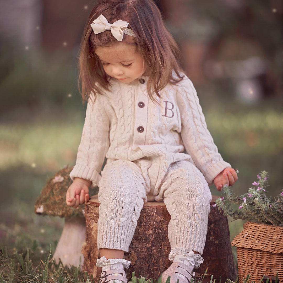 Pale Pink Horseshoe Cable Knit Baby Jumpsuit - Soft Cotton Newborn Romper for Girls - Perfect for Photo Shoots, Birthday Parties & Family Gatherings