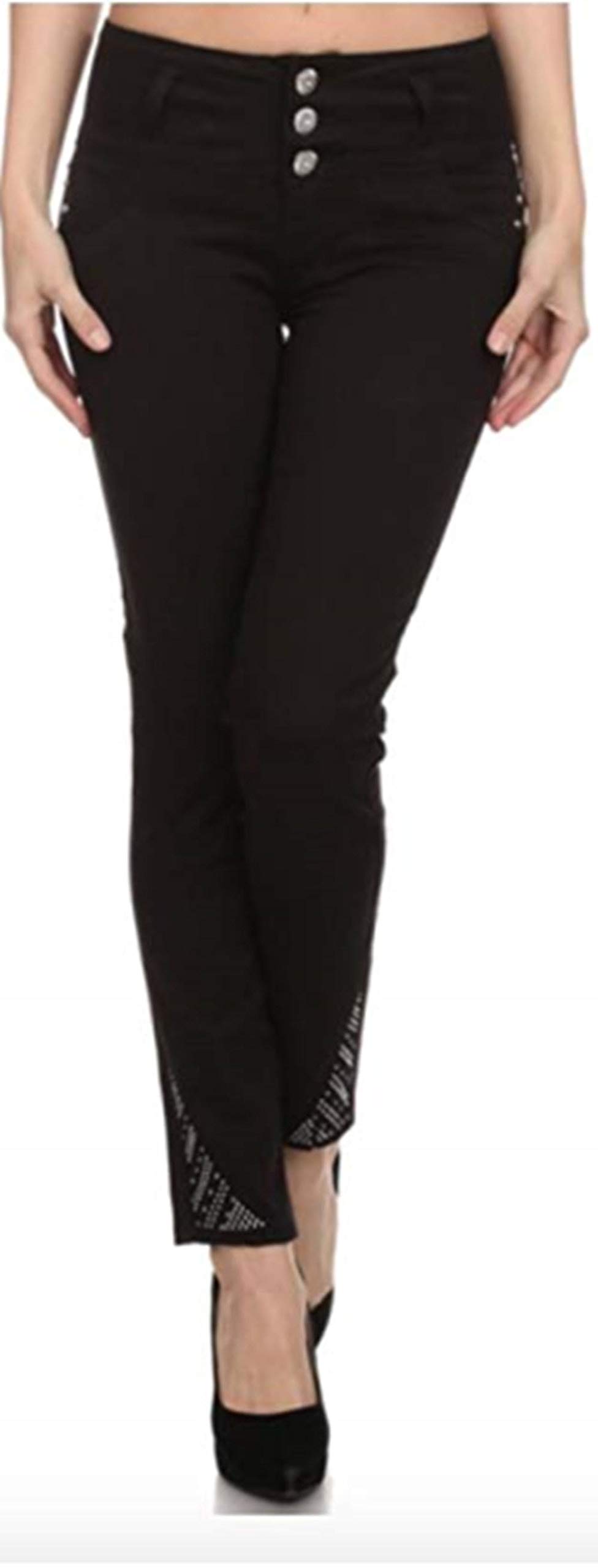 Jet Black Silver Diva High Waisted Straight Leg Butt-Lifting Skinny Jeans with Studs - Perfect for Night Out, Party & Casual Wear