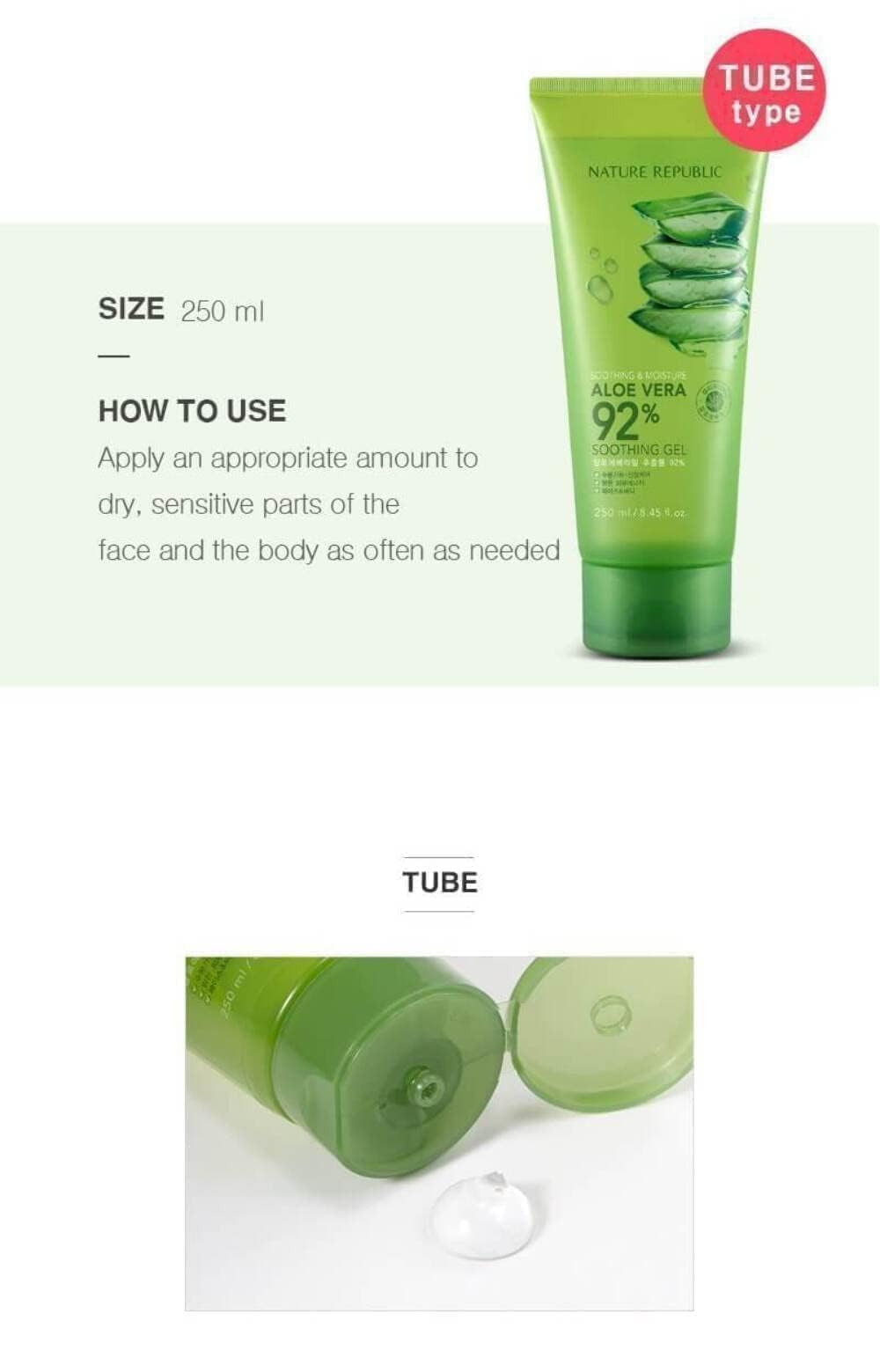 Nature Republic Aloe Vera 92% Soothing Gel - 10.56 Fl Oz for Face, Body & Hair - Hydrating Moisturizer for Sunburn Relief, Skin Care & After Shave - Vegan & Cruelty-Free