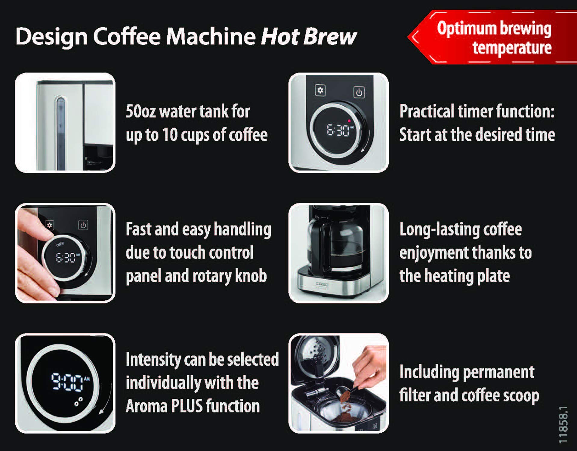 Caso Design 10-Cup Hot Brew Coffee Maker - Stainless Steel Compact Coffee Machine for Home, Office & Small Spaces | Fast Brewing & Easy to Use