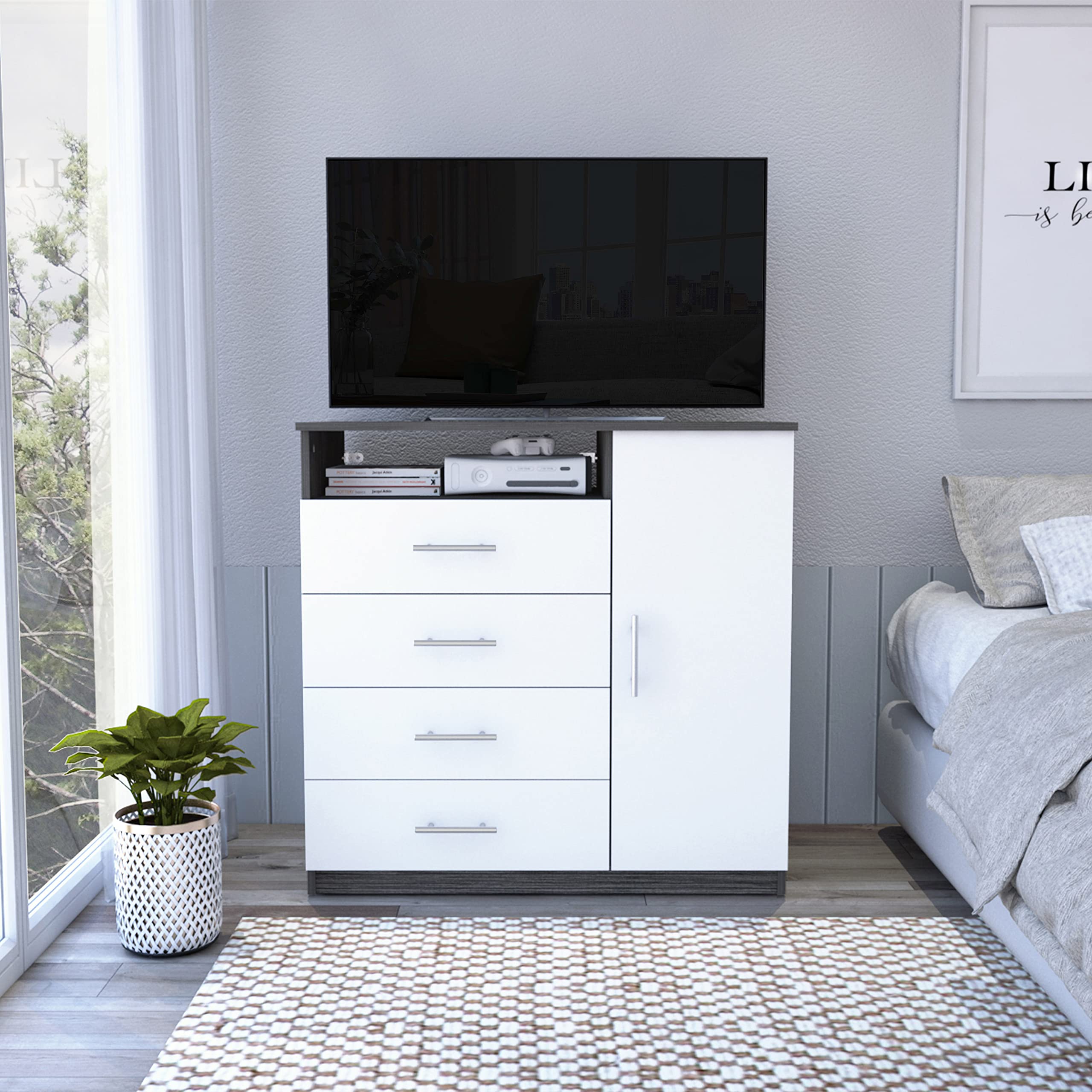 Rioja 4 Drawer Dresser - Smoky Oak & White Finish - Modern Bedroom Storage Solution for Organizing Clothes & Accessories