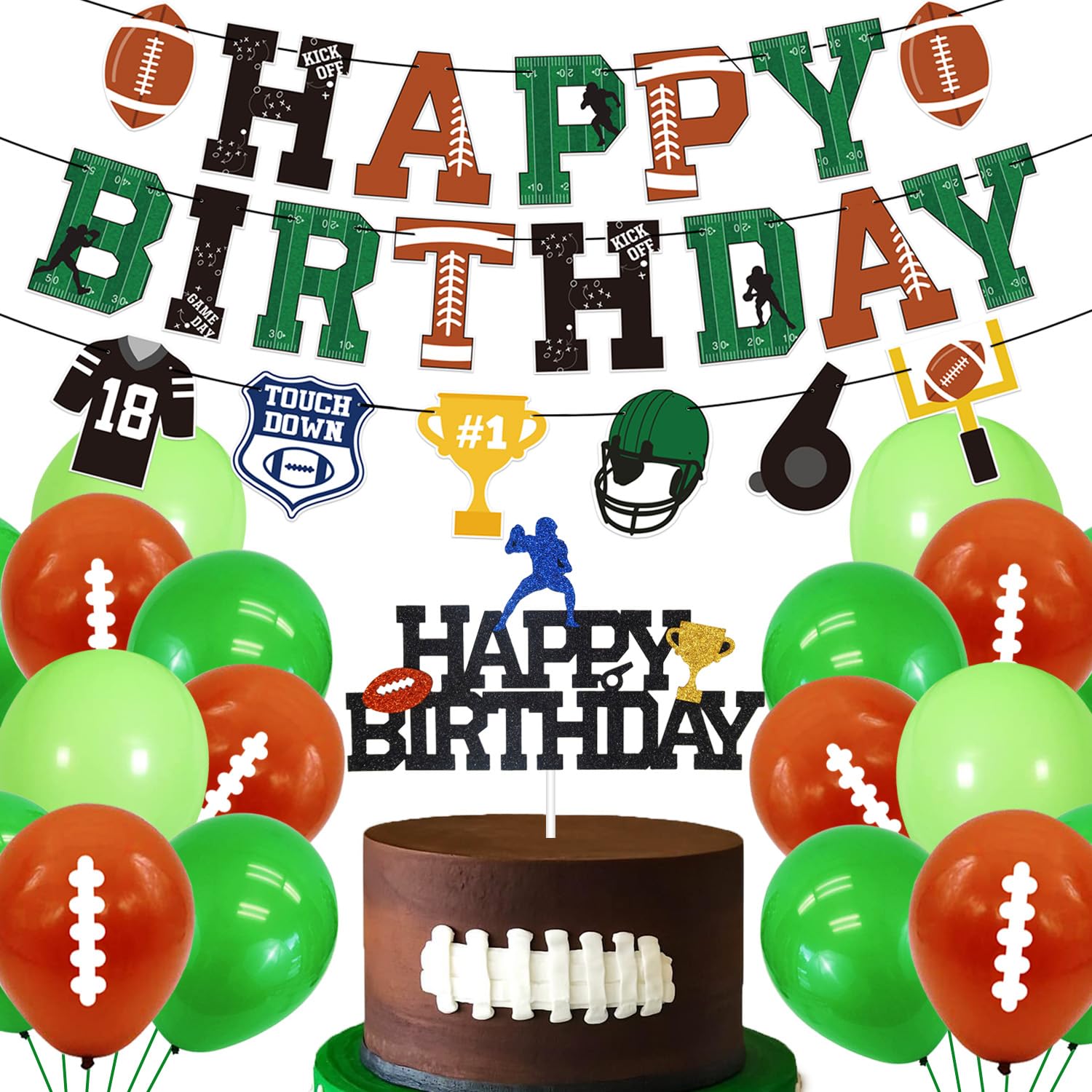 Football Birthday Party Decorations Kit - Happy Birthday Banners, Cake Topper & Balloons for Touchdown Sports Theme Party | Perfect for Kids, Teens & NFL Fans Celebrations