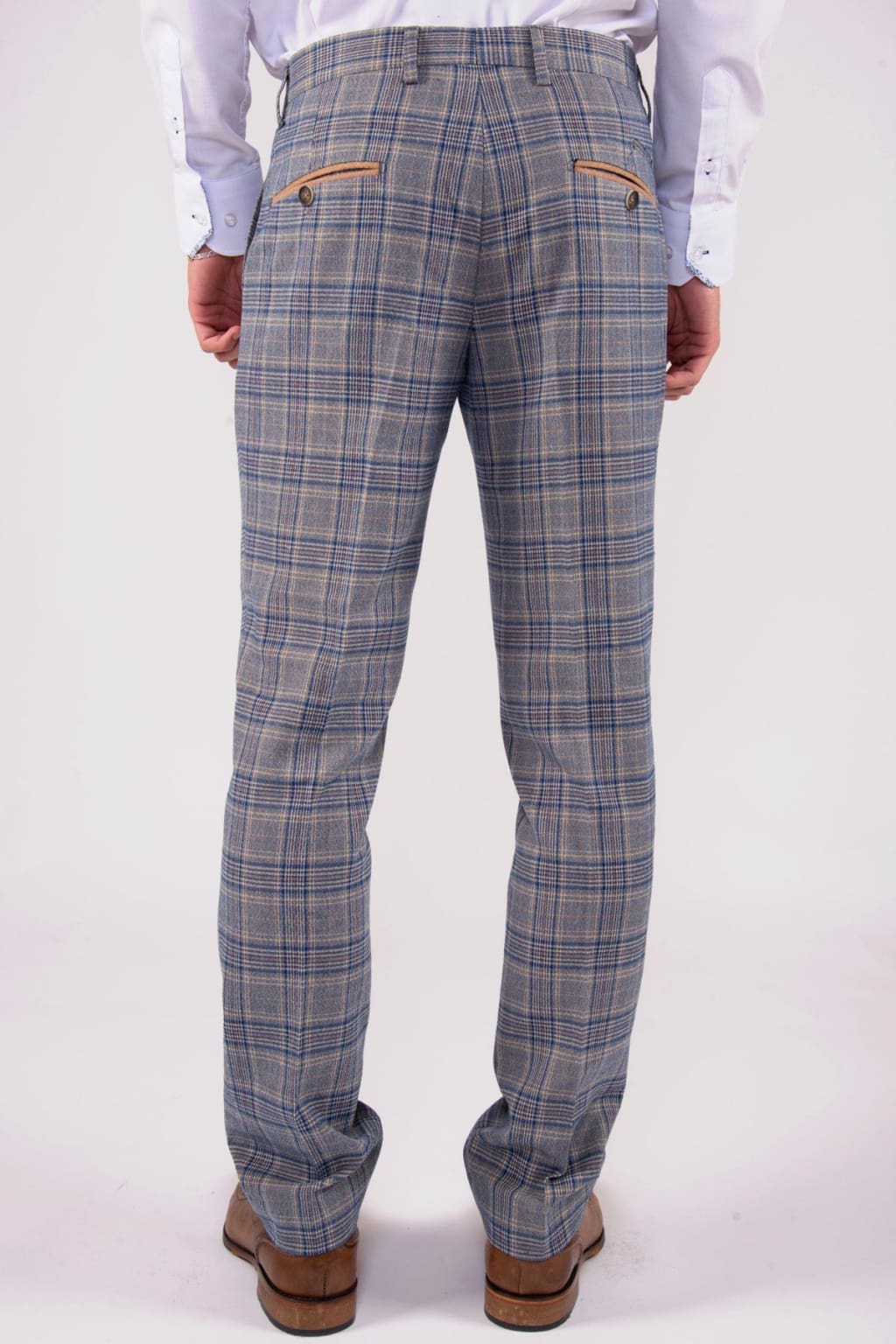 Marc Darcy Enzo Blue Stone Check Tweed Trousers for Men - Classic Wool Blend Pants for Office, Business Casual & Winter Wear