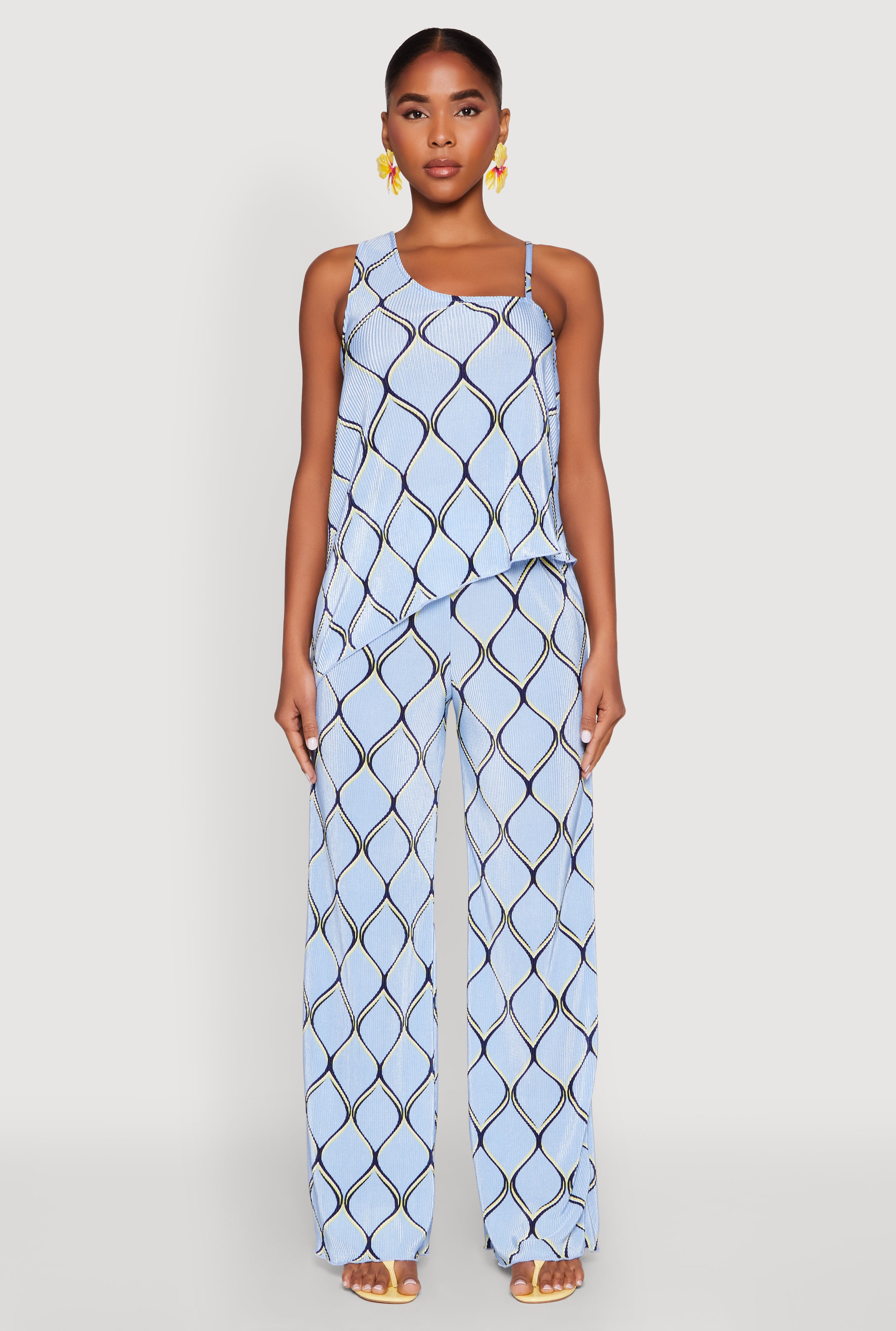Almost Famous Printed Plisse Wide Leg Pants for Women - Stylish High Waisted Palazzo Trousers for Casual Outfits & Summer Vacations