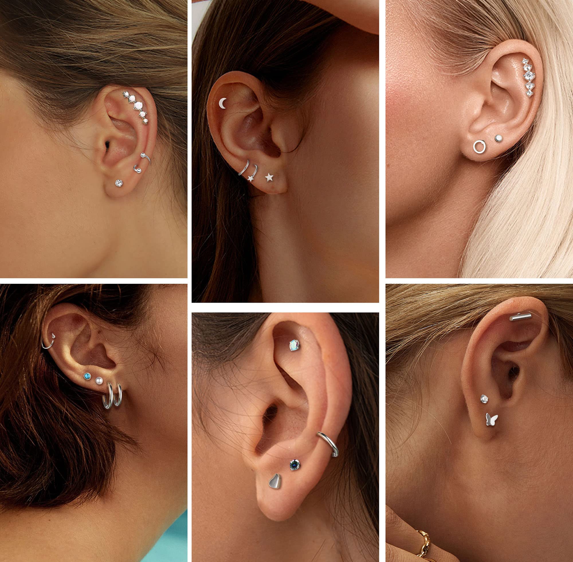 JeweBella 19 Pairs Hypoallergenic Surgical Steel Earrings - Flat Back Studs, Hoops & Cartilage Sleepers for Women & Men | Opal & Zirconia Small Earring Set for Multiple Piercings | Perfect for Daily Wear, Gifts & Piercing Stacks