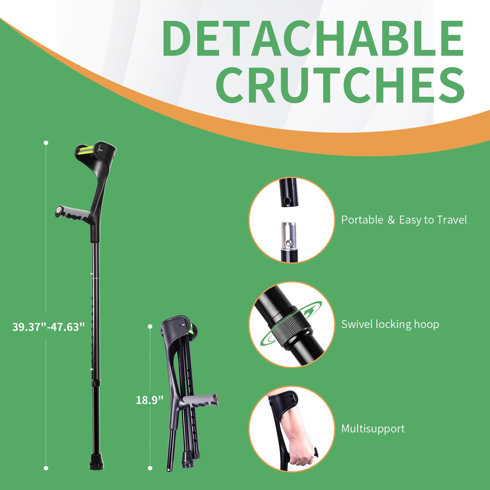 **Adjustable Aluminum Forearm Crutches for Adults (1 Pair) - Lightweight, Folding & Portable Walking Support - Non-Slip, Detachable Leg Crutches for Injury Recovery & Mobility Assistance**