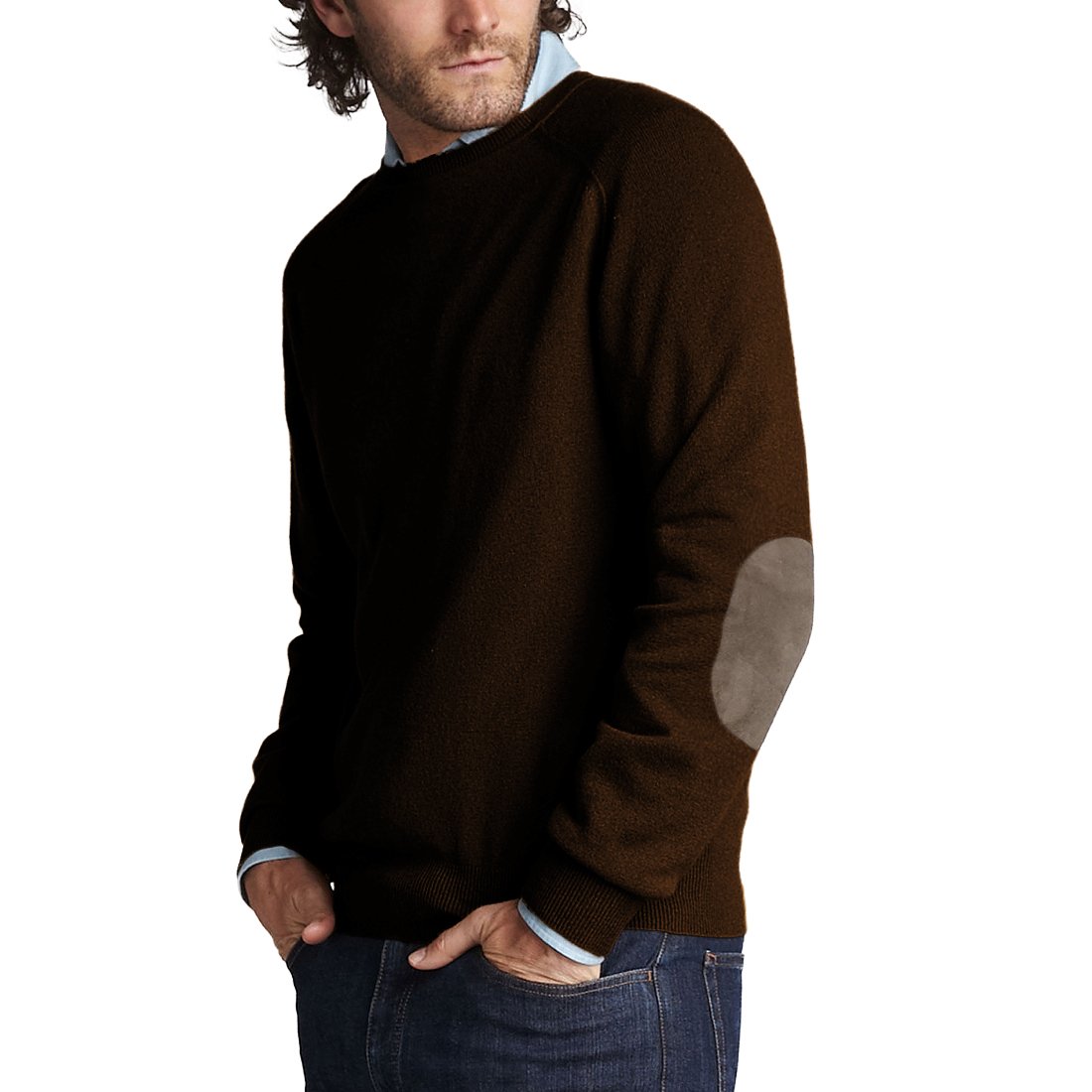 Parisbonbon Men's 100% Cashmere Elbow Patch Sweater - Chocolate Brown, Size 1X - Warm & Stylish Winter Knitwear for Office & Casual Outings