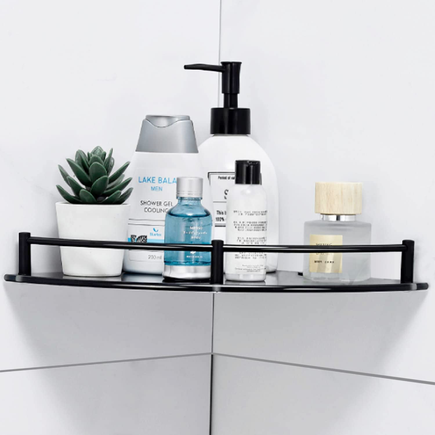 Rustproof Black Glass Corner Shower Shelf - Wall Mount Bathroom Organizer with Drill Hole Design, 1-Tier Shower Caddy for Toilet & Living Room - Perfect for Storing Shampoo, Soap & Bath Essentials