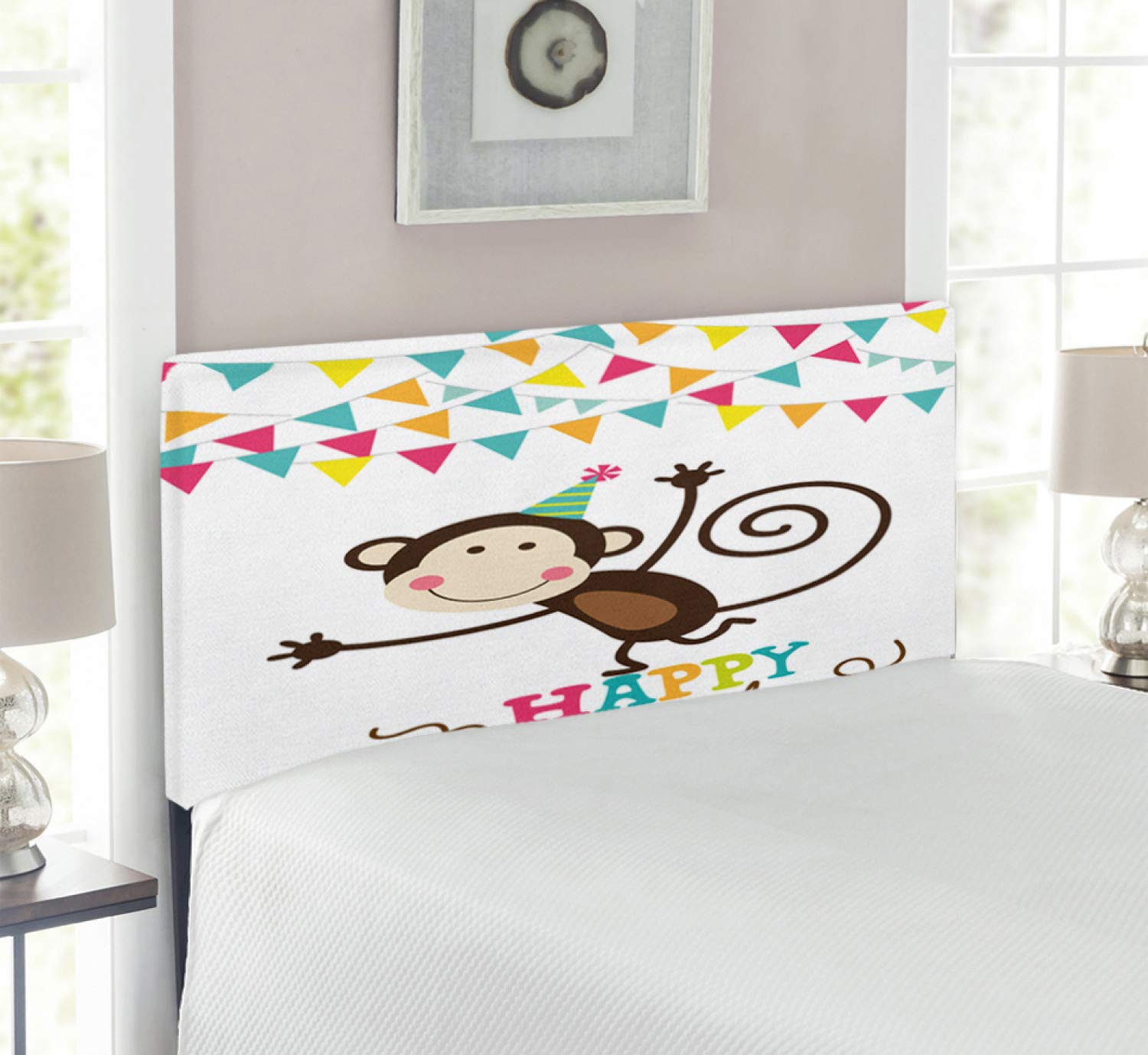 Ambesonne Birthday Party Headboard - Brown Monkey Celebration Design with 2 Line Flags, Upholstered Metal Bed Frame with Memory Foam - Twin Size Multicolor Decorative Headboard for Kids' Bedroom, Birthday Gift, or Party Room Decor