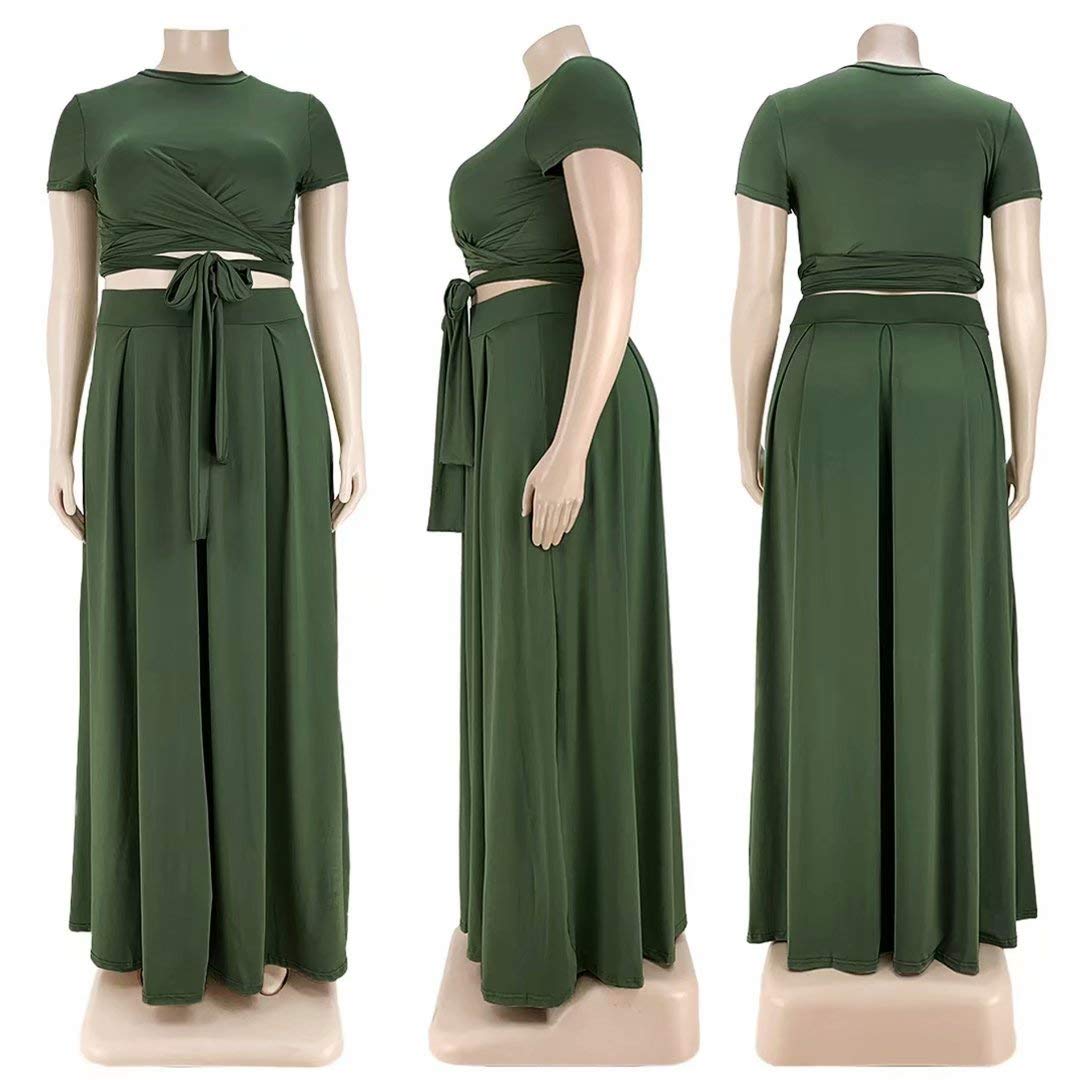 IyMoo Women's Plus Size 2-Piece Dress Outfit - Short Sleeve Bandage Wrap Empire Crop Top & Skirt Set for Casual Wear, Summer Outfits, and Party Occasions