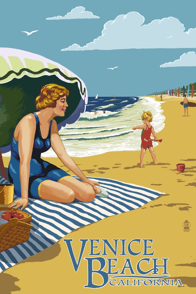 Venice Beach California Woman on Beach - 24x36 Gallery Quality Metal Art Aluminum Wall Decor for Living Room, Bedroom, or Office
