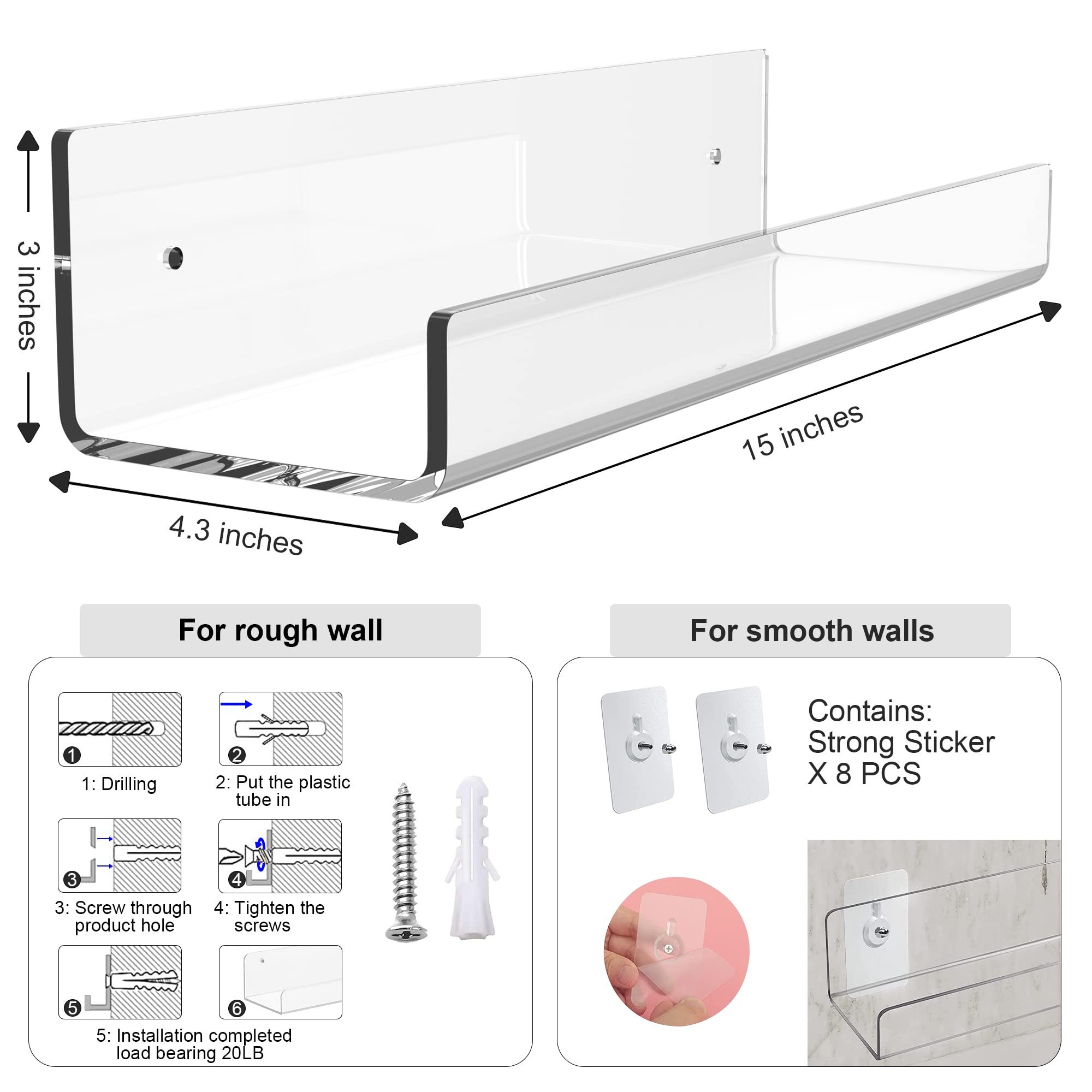 15 Inch Clear Acrylic Floating Wall Shelf - Set of 2 | Invisible Bookshelf for Nursery, Bathroom & Office | 5MM Thick Wall Mounted Display Ledge for Books, Toys, Spices & Decor | Modern Home Storage Solution