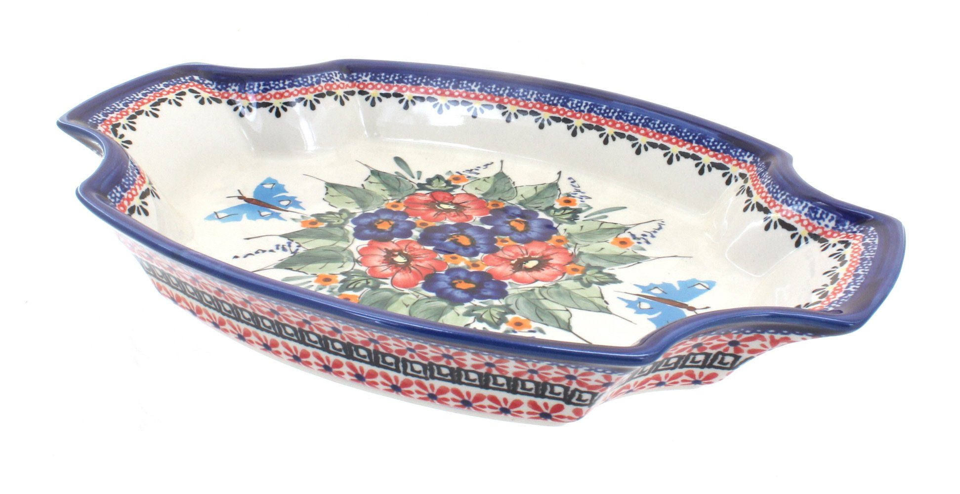 Handmade Blue Rose Polish Pottery Serving Tray with Floral Butterfly Design - Large Decorative Platter for Dining, Entertaining & Home Decor