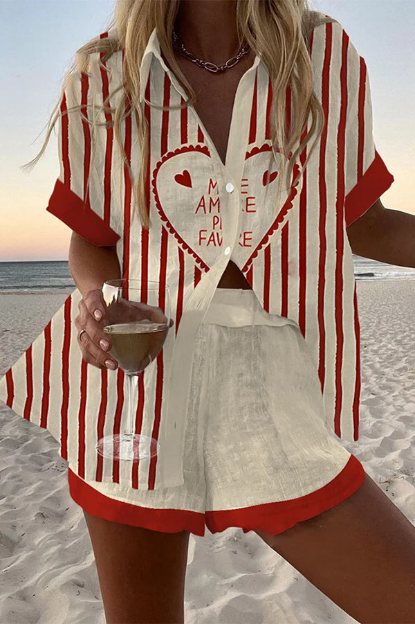 Striped Heart Print Loose Button Elastic Waist Shorts Set - Women's Casual Summer Outfit for Beach, Vacation & Streetwear Fashion