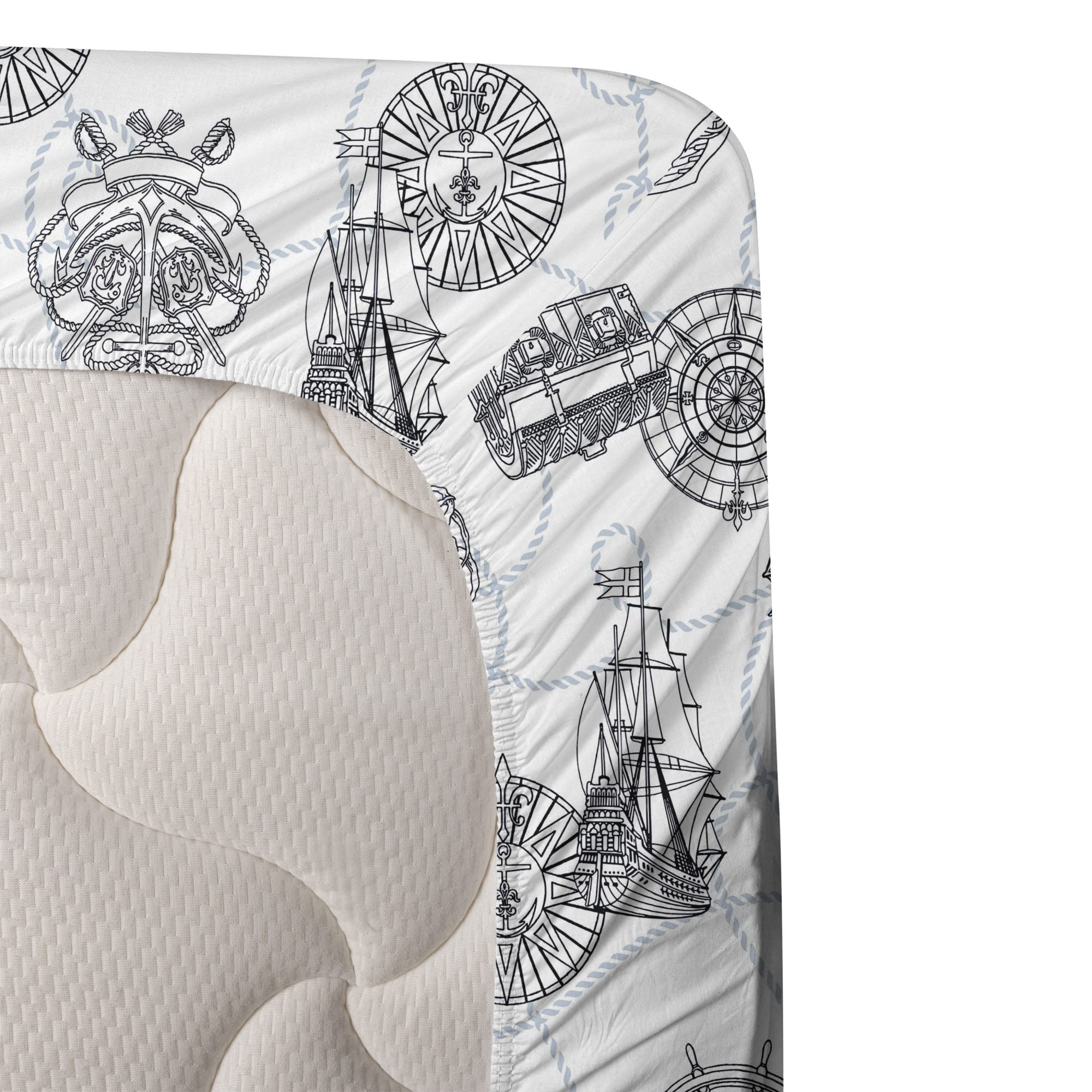 Ambesonne 4-Piece Queen Bedding Set - Nautical Compass & Sailing Boat Design with Antique Ships Wheel & Anchor in Black, Blue-Grey & White | Perfect for Coastal, Beach House or Marine-Themed Bedrooms