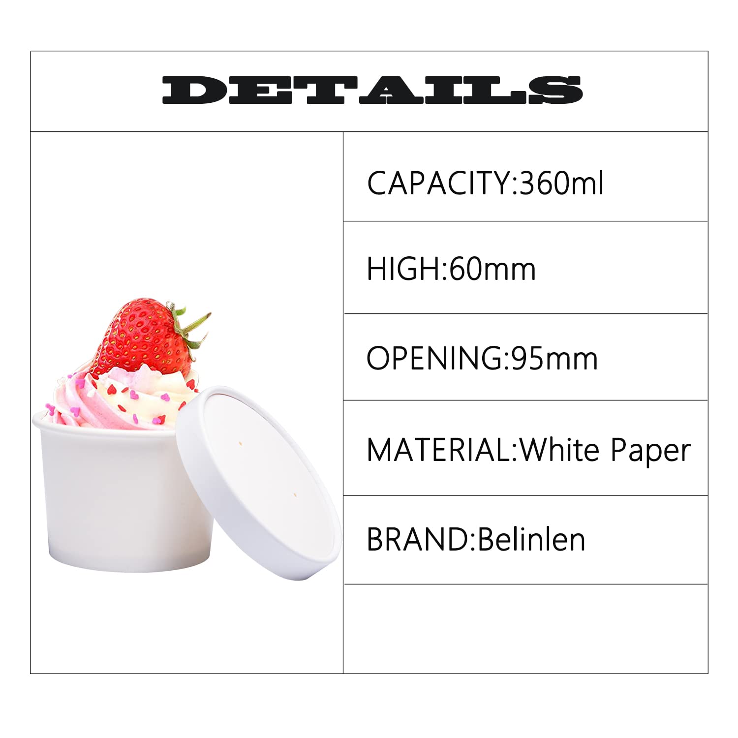 50-Pack 12 oz Disposable White Ice Cream Cups with Lids - Medium Hot & Cold Paper Food Containers for Takeout, Desserts, Parties, and Catering