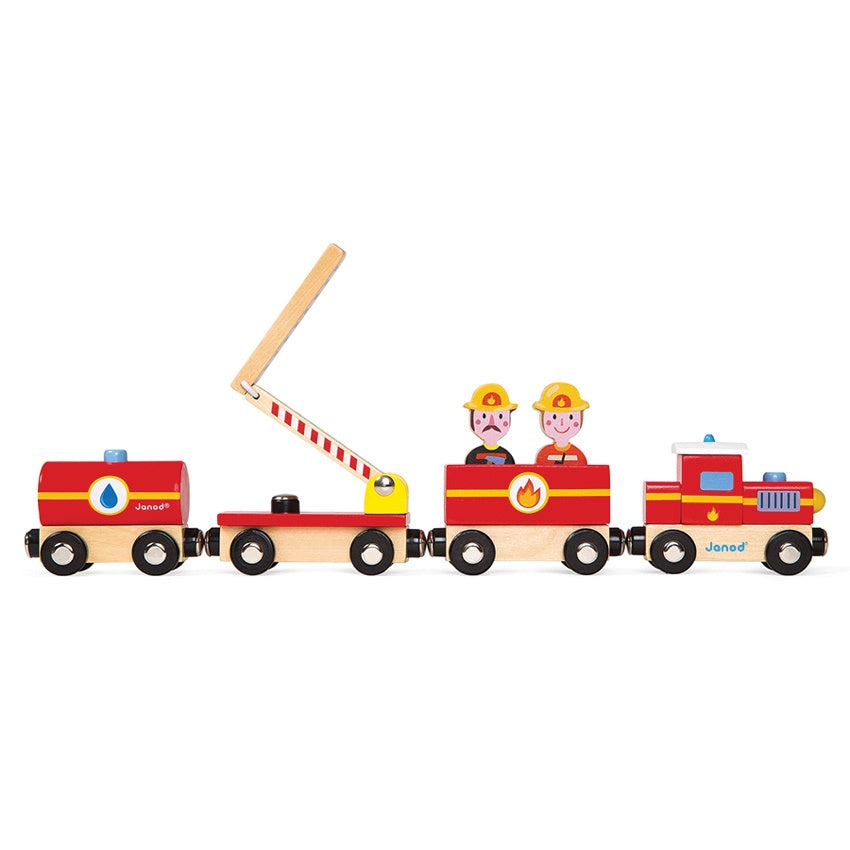 Janod Firefighters Train Toy - Wooden Push & Pull Toy for Toddlers, Perfect for Imaginative Play and Early Learning | Great Gift for Kids Ages 1-3 Years Old | Ideal for Pretend Play, Nursery Decor & Birthday Presents