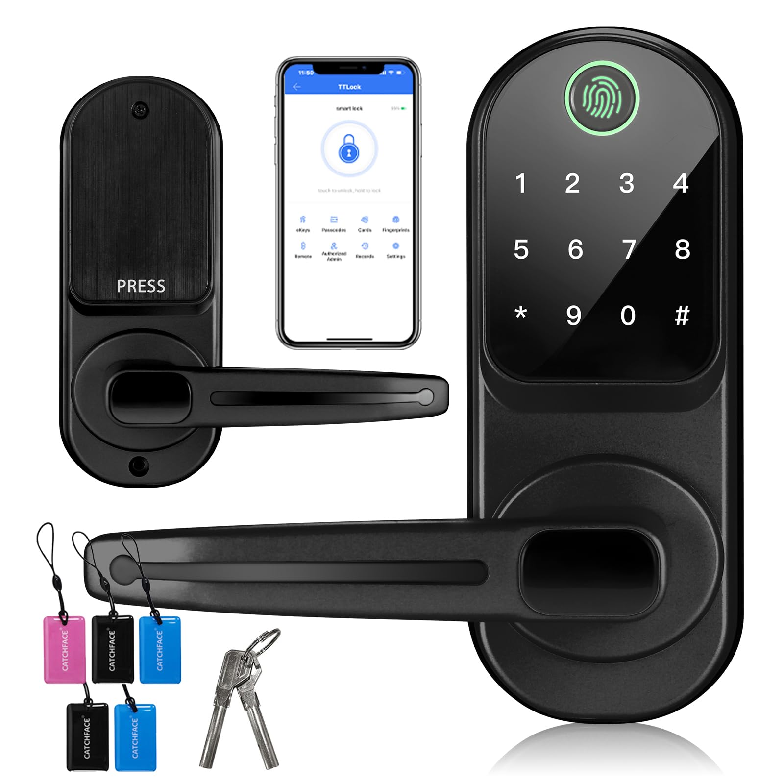 CATCHFACE Fingerprint Door Lock - Smart Keyless Entry Deadbolt with Reversible Handle - Matte Black - Secure Home & Office Access Control for Modern Living