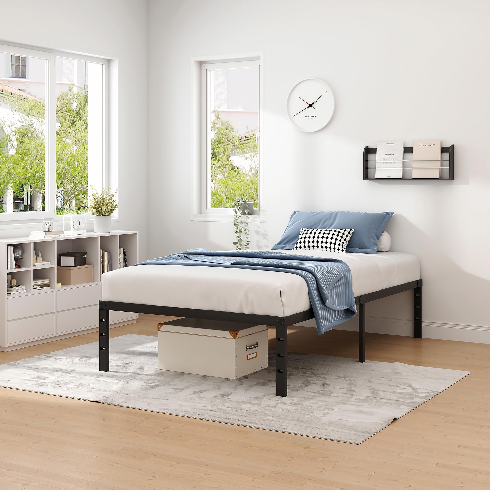Metal Twin Size Bed Frame with Storage Space - Heavy Duty Sturdy Mattress Foundation, Easy Assembly No Box Spring Needed - 14 Inch Black Bed Frame for Small Spaces & Guest Rooms