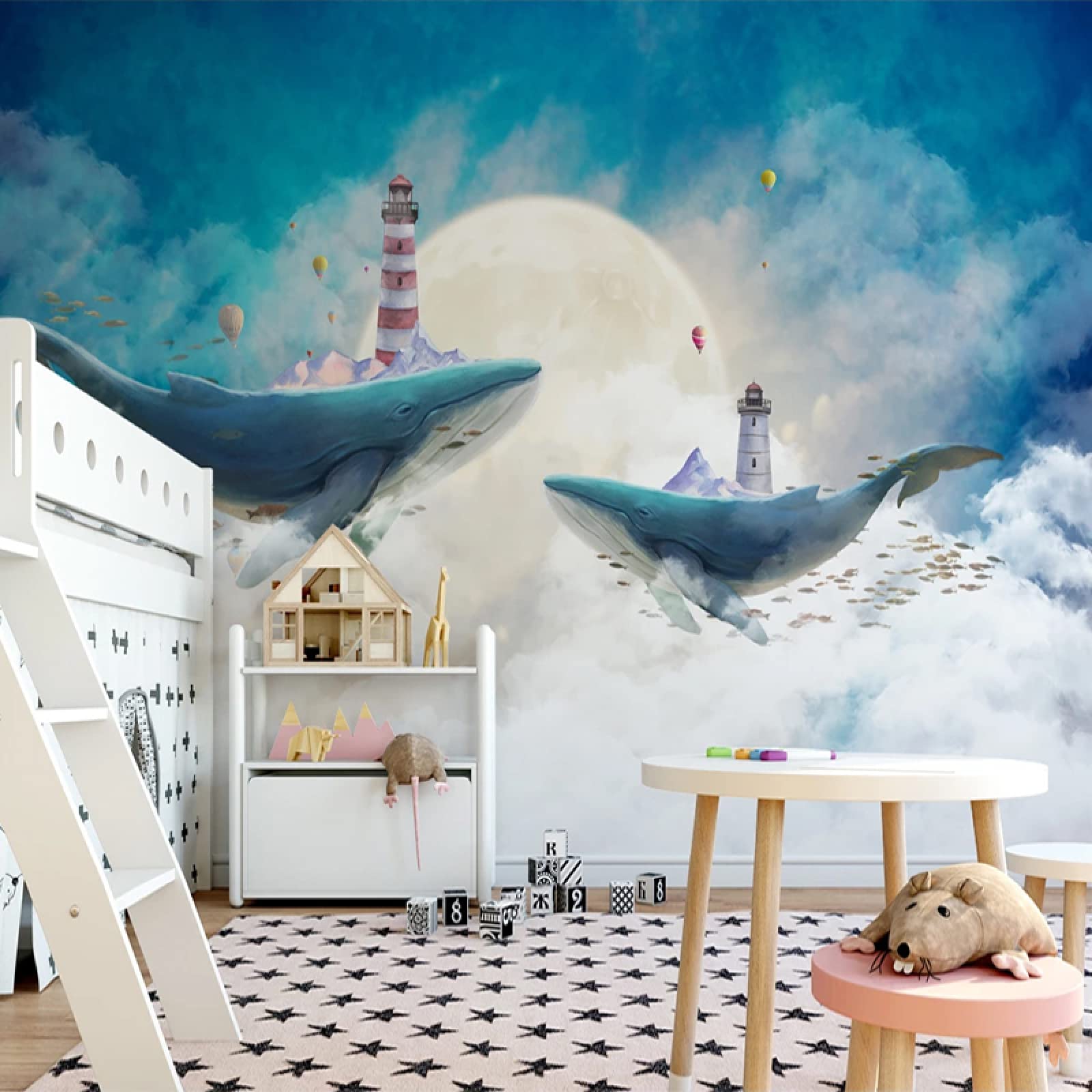 Nordic Style Sky Blue White Clouds Cartoon Whale Wallpaper - Kids Room Decor, Living Room, Study & Bedroom Mural Art - Waterproof Peel & Stick Wall Decals for Nursery, Playroom & Home Decor