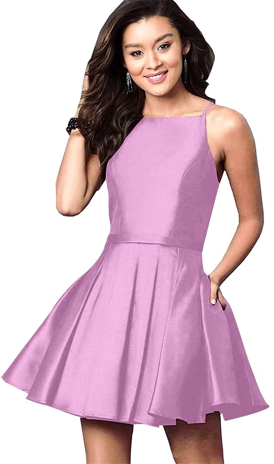 VCCICANY Women's Pleated Satin Homecoming Dress with Pockets | Spaghetti Strap Short Prom Gown for Party, Dance, Formal Events | Elegant Cocktail Dress for Evening Occasions