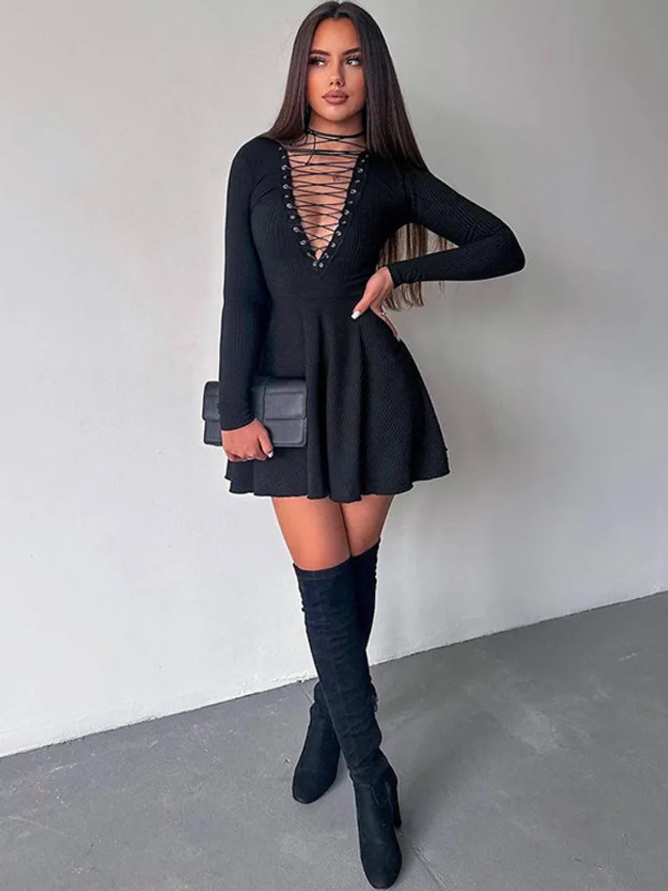 Sexy Deep V Neck Long Sleeve Lace Up Waist Wrap Dress for Women - Elegant Hollow Out Evening Party Dress for Fall Winter - Perfect for Cocktail Parties, Date Nights & Formal Occasions
