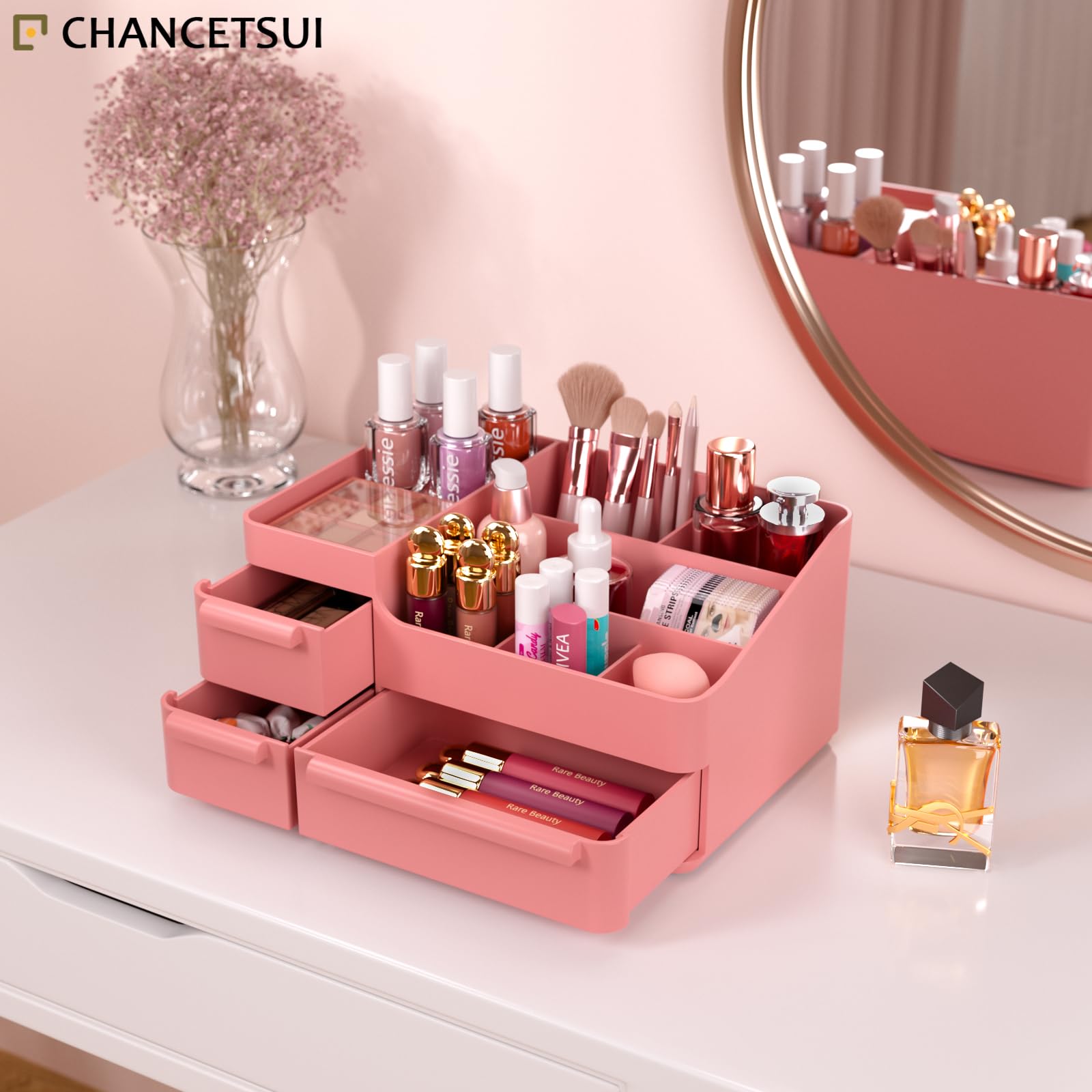 Pink Vanity Makeup Organizer with Drawers - Compact Rectangular Beauty Storage for Brushes, Eyeshadow Palettes & Cosmetics | Perfect for Bedroom Vanity & Bathroom Countertop Organization