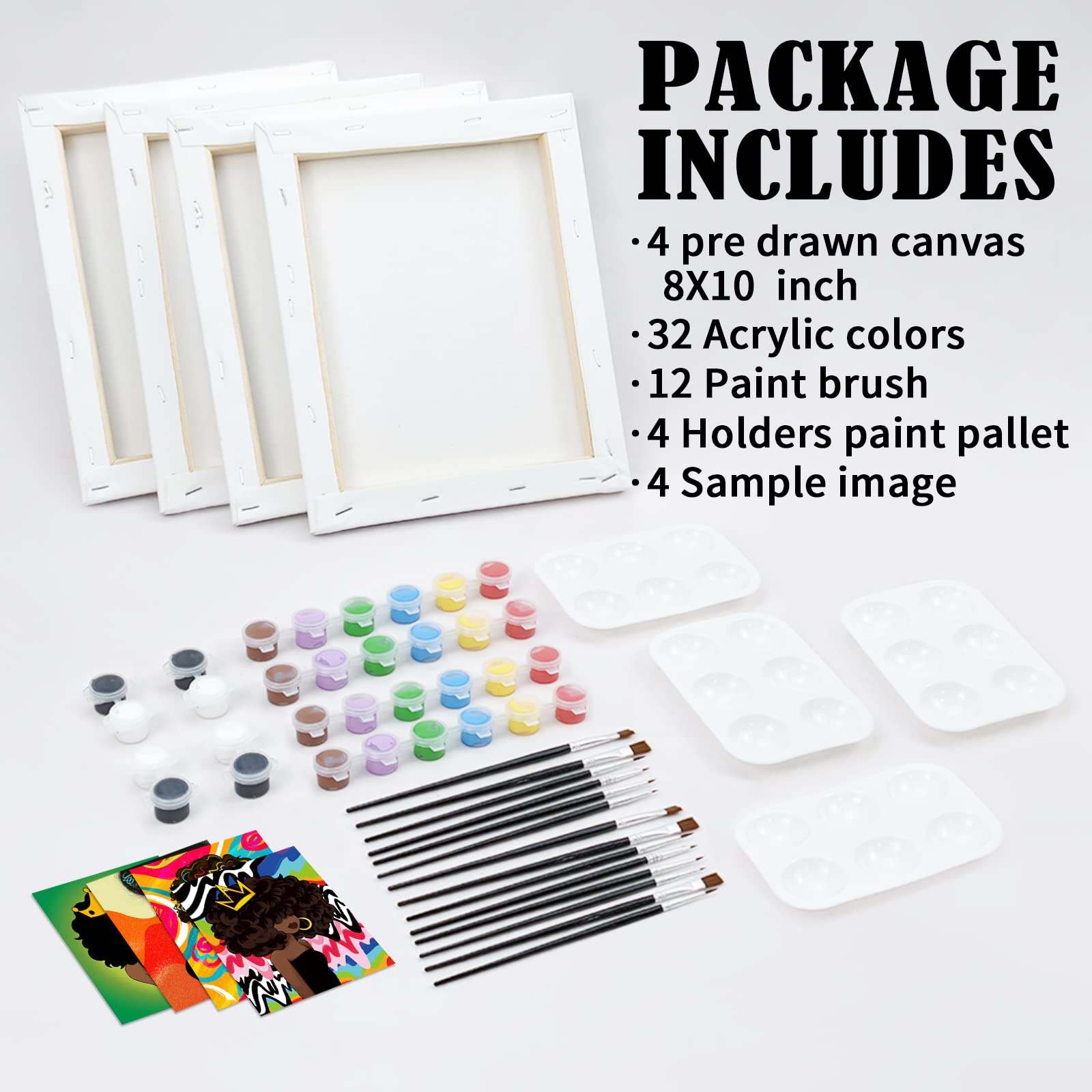 VOCHIC 4 Pack 8x10 Pre-Drawn Canvas Painting Kit for Adults - Afro Queen BLM Girl Art Set with Brushes & Paints | Perfect for Paint & Sip Parties, DIY Home Decor & Creative Gifts