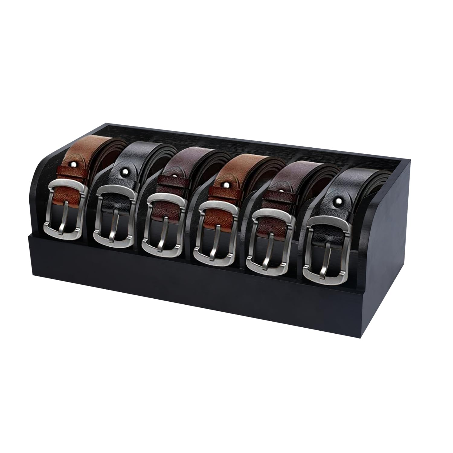 6-Compartment Bamboo Belt & Tie Organizer for Closet & Drawer - Premium Belt Storage Display Case for Men & Women (Black) | Perfect for Home, Office & Travel Organization