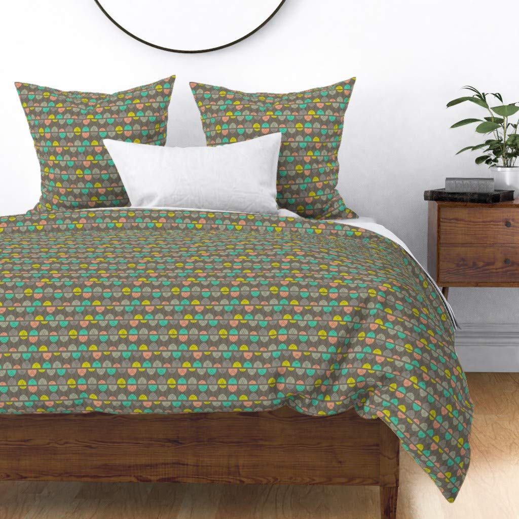 Premium Cotton Sateen Duvet Cover Twin Size - Geometric Easter Egg Diamond Scallop Stripes Pattern in Pink, Teal, Yellow & Gray | Spring-Themed Custom Bedding for Modern Bedrooms & Guest Rooms