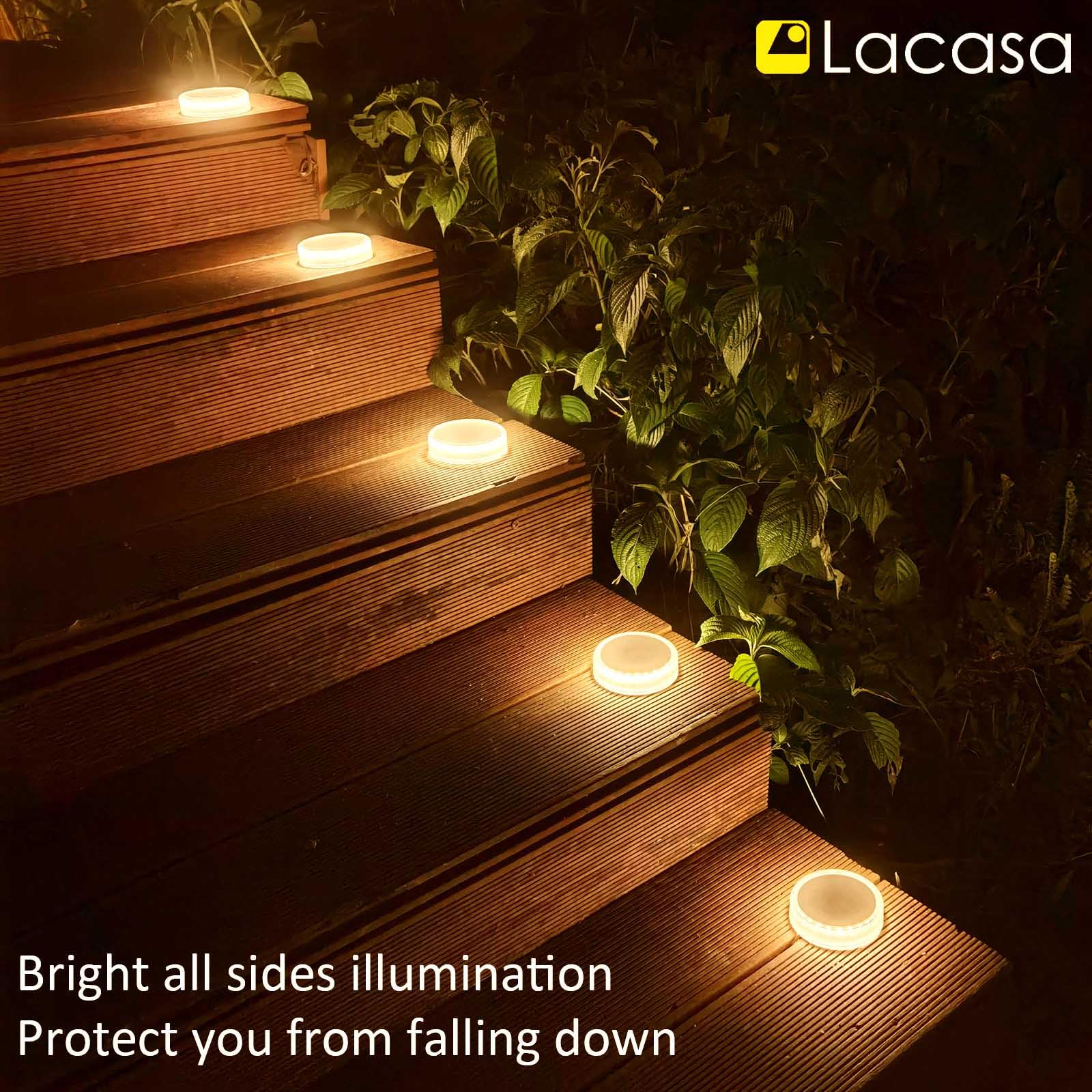 Lacasa 4-Pack Solar Deck Lights Outdoor Waterproof LED - Solar Powered Garden Step Lights for Driveway, Dock, Marine, Yard, Patio & Pathway - Dusk to Dawn Round Warm White Lighting - Perfect for Landscape, Backyard & Outdoor Decor