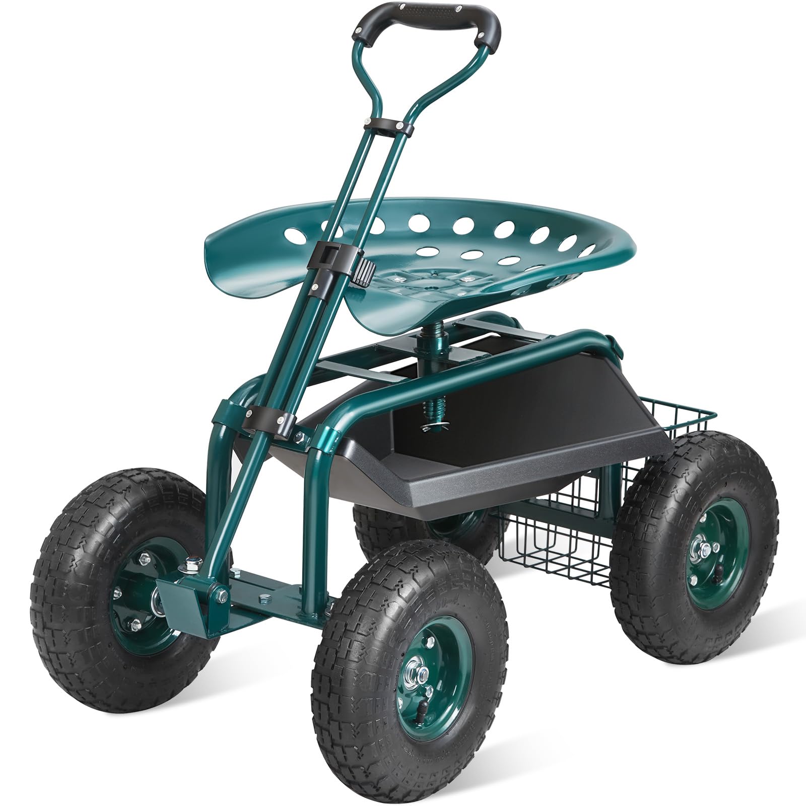 VEVOR Garden Cart Rolling Workseat with Wheels - 360° Swivel Gardening Stool with Tool Tray & Steering Handle - Heavy Duty Outdoor Utility Wagon for Planting, Yard Work, Patio Maintenance & Landscaping - Green