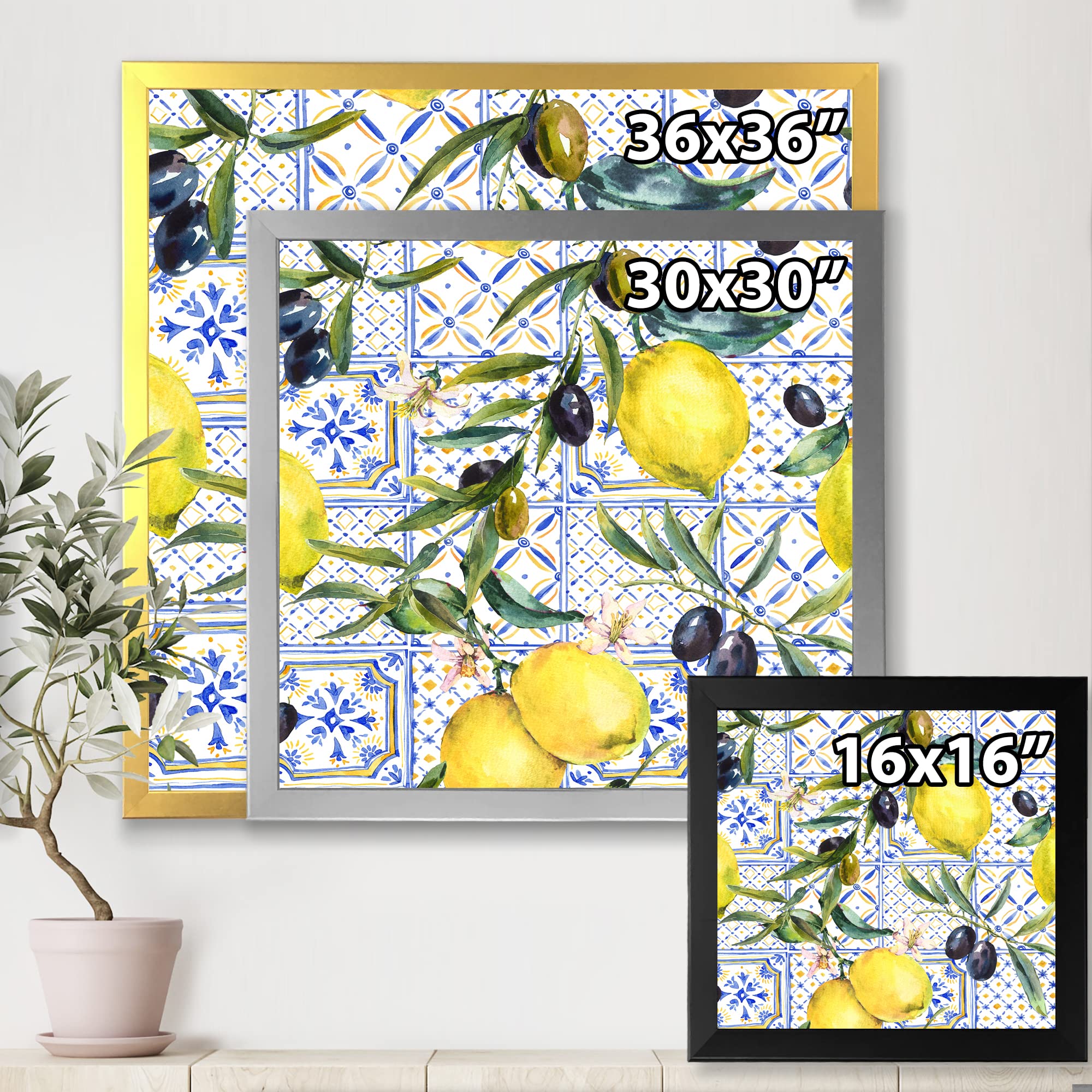 DesignQ Lemon Ornament on Blue Geometric Pattern III Tropical Framed Wall Art - Perfect for Kitchen, Bathroom, and Beach House Decor