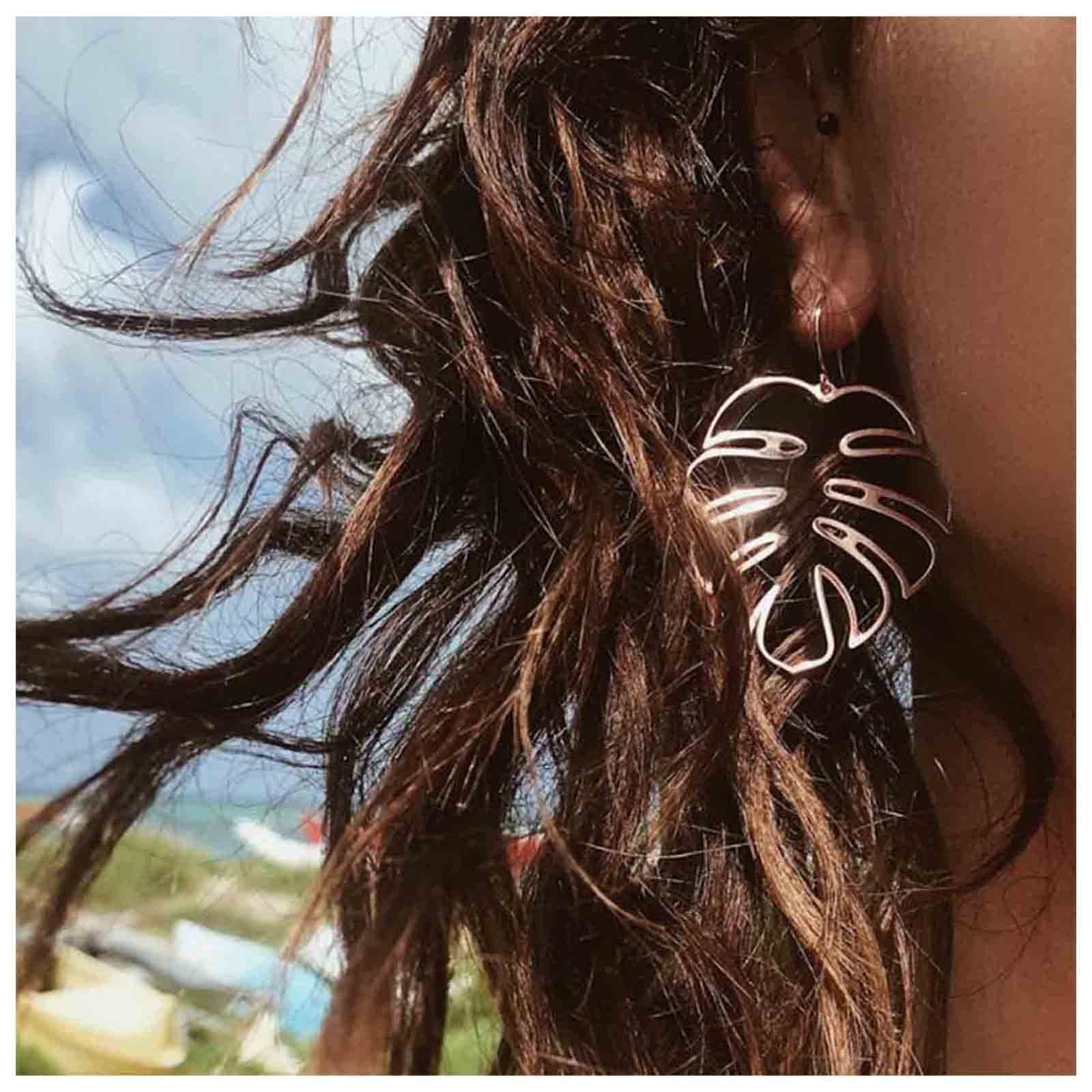 Boho Monstera Leaf Earrings for Women - Rose Gold Palm Leaf Dangle Earrings, Tropical Plant Drop Earrings, Handmade Jewelry for Beach Vacation, Summer Party & Boho Fashion (Rose Gold)