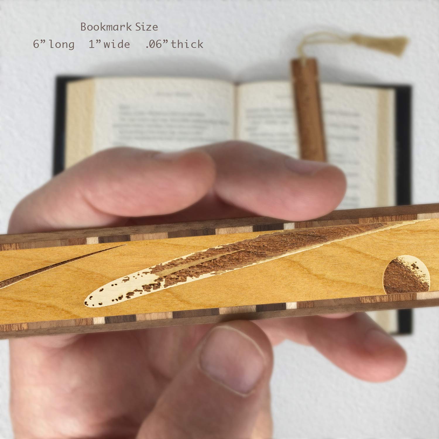 Handmade Engraved Wooden Bookmark with Suede Tassel - Asteroids & Moon Design - Personalized Gift Made in USA - Perfect for Book Lovers & Space Enthusiasts