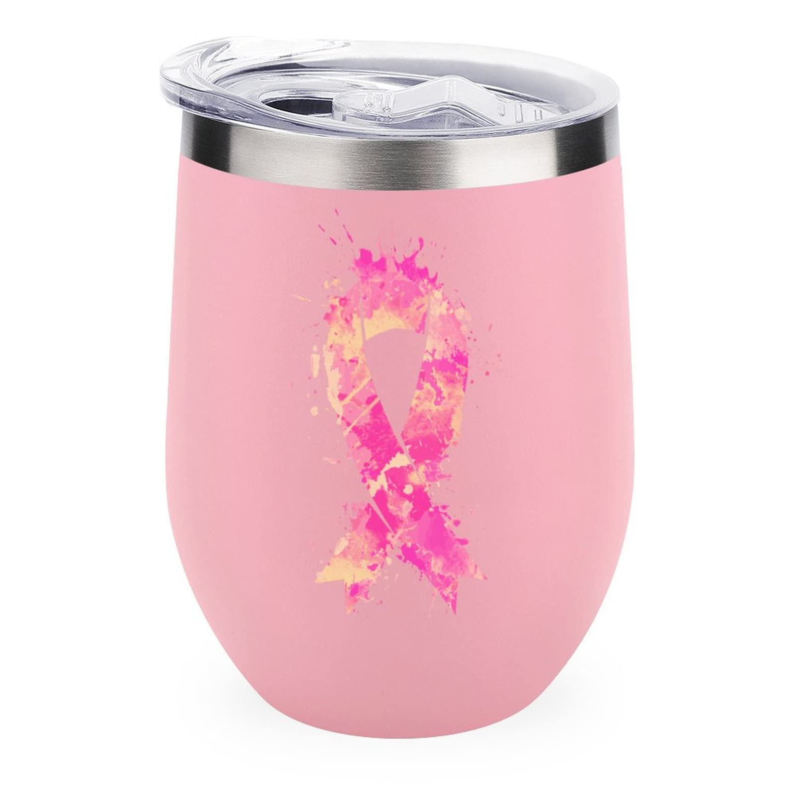 12 Oz Pink Ribbon Watercolor Stainless Steel Insulated Wine Tumbler with Lid - Double Wall Vacuum Insulated Cup for Hot & Cold Drinks - Perfect for Office, Travel, and Outdoor Use