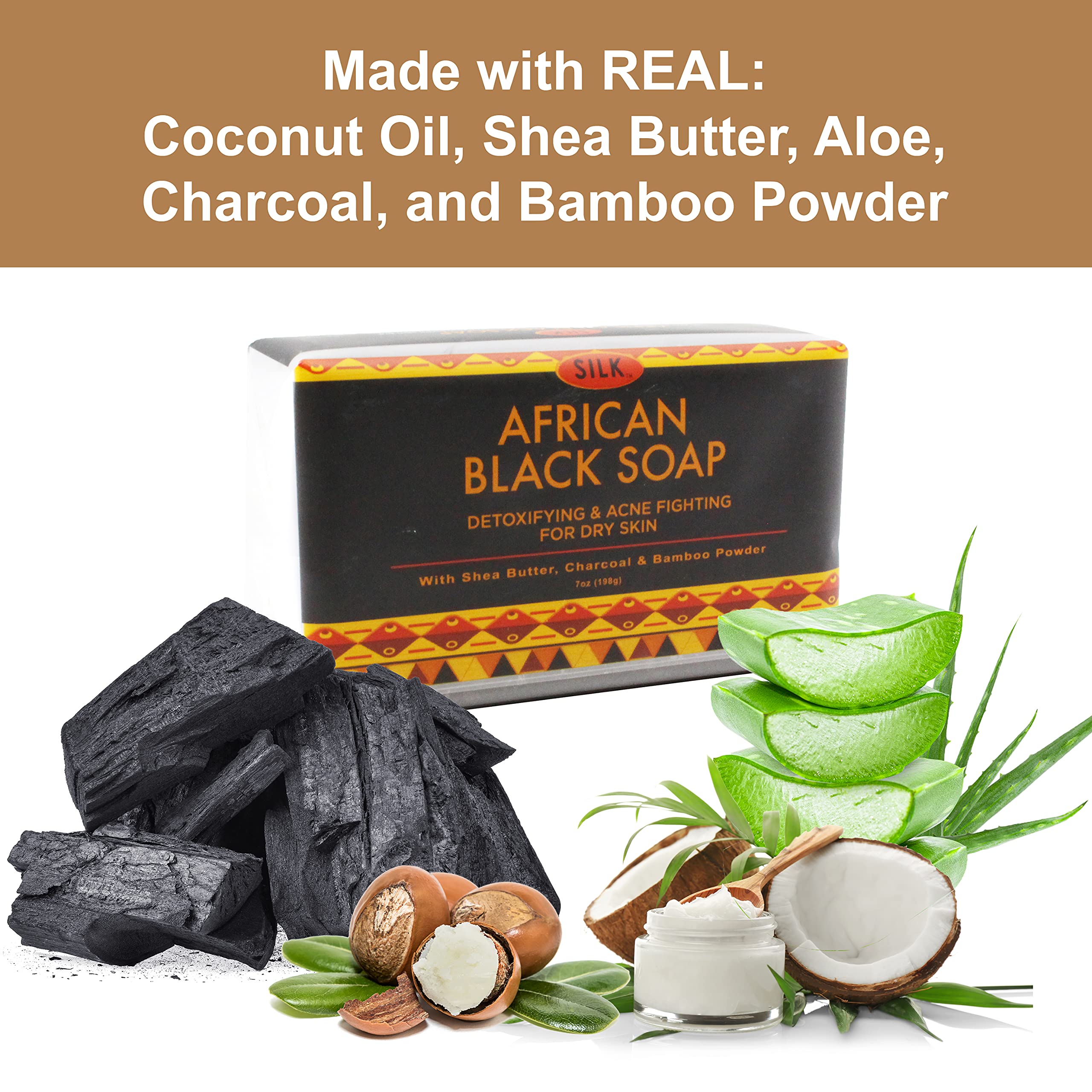 Organic African Black Soap with Shea Butter, Charcoal & Bamboo Powder (7 oz, 4 Pack) - Natural Face & Body Cleanser for Acne, Dry Skin, Eczema - Detoxifying & Moisturizing for Daily Skincare Routine