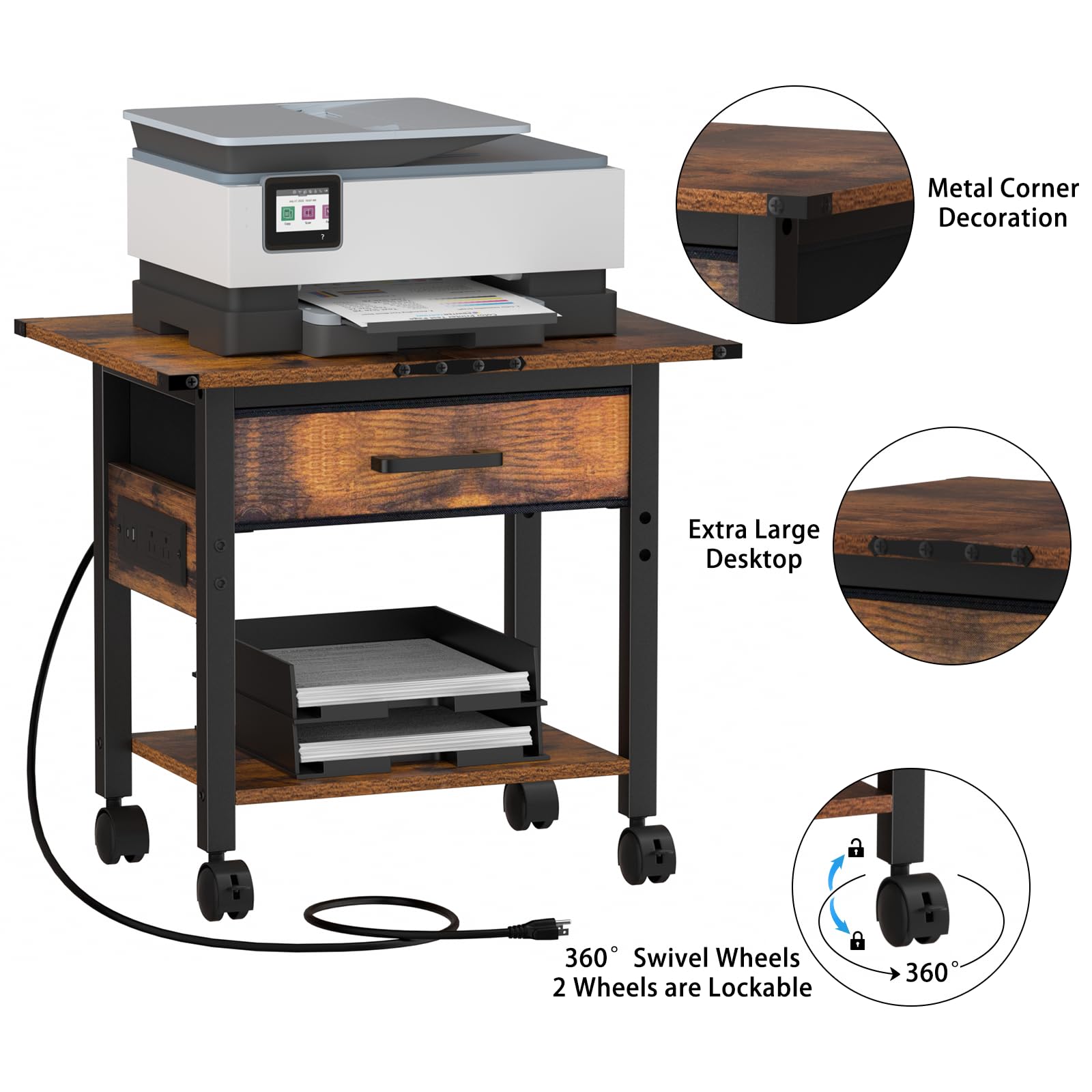 Lerliuo 2-Tier Under Desk Rolling Printer Stand with Charging Station & USB Ports, Lockable Wheels Printer Cart with Fabric Drawer - Compact Printer Table for Home Office Workspace (Brown) | Perfect for Organizing Printers, Scanners & Office Supplies Under Your Desk