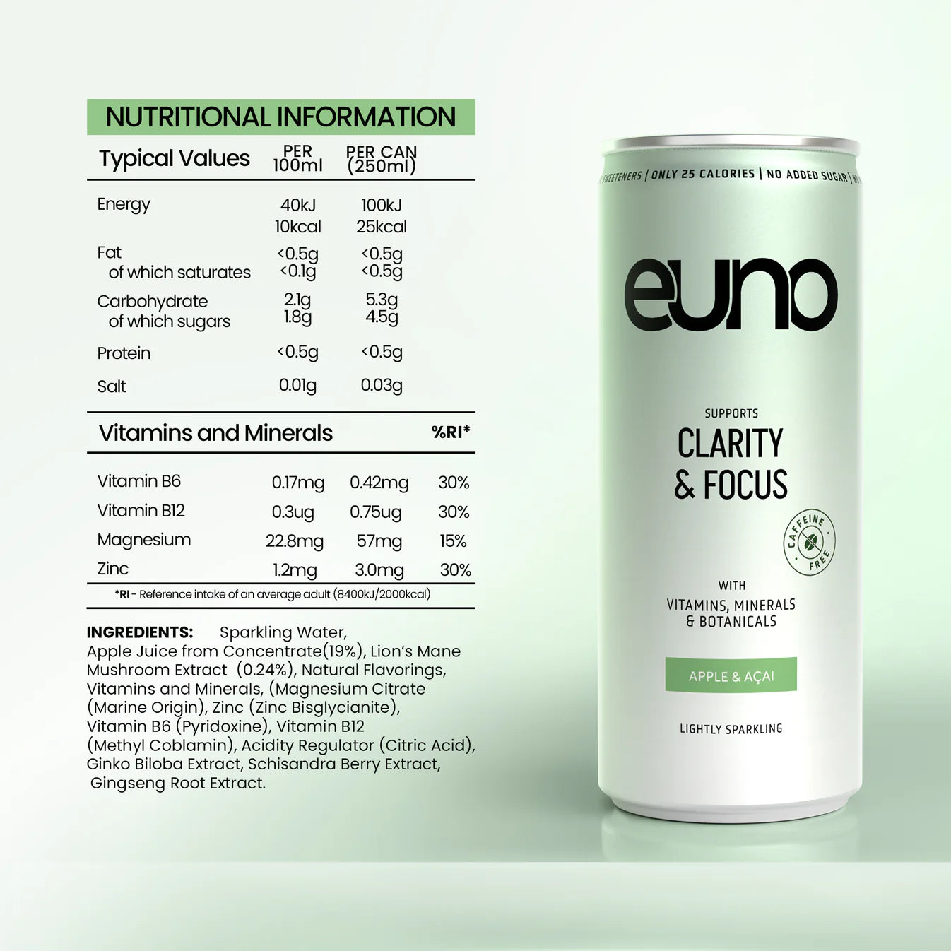 Euno Clarity & Focus Nootropic Drink - Brain Boosting Supplement with Natural Ingredients (12 Pack x 265g) - Enhance Mental Performance for Work, Study & Daily Focus