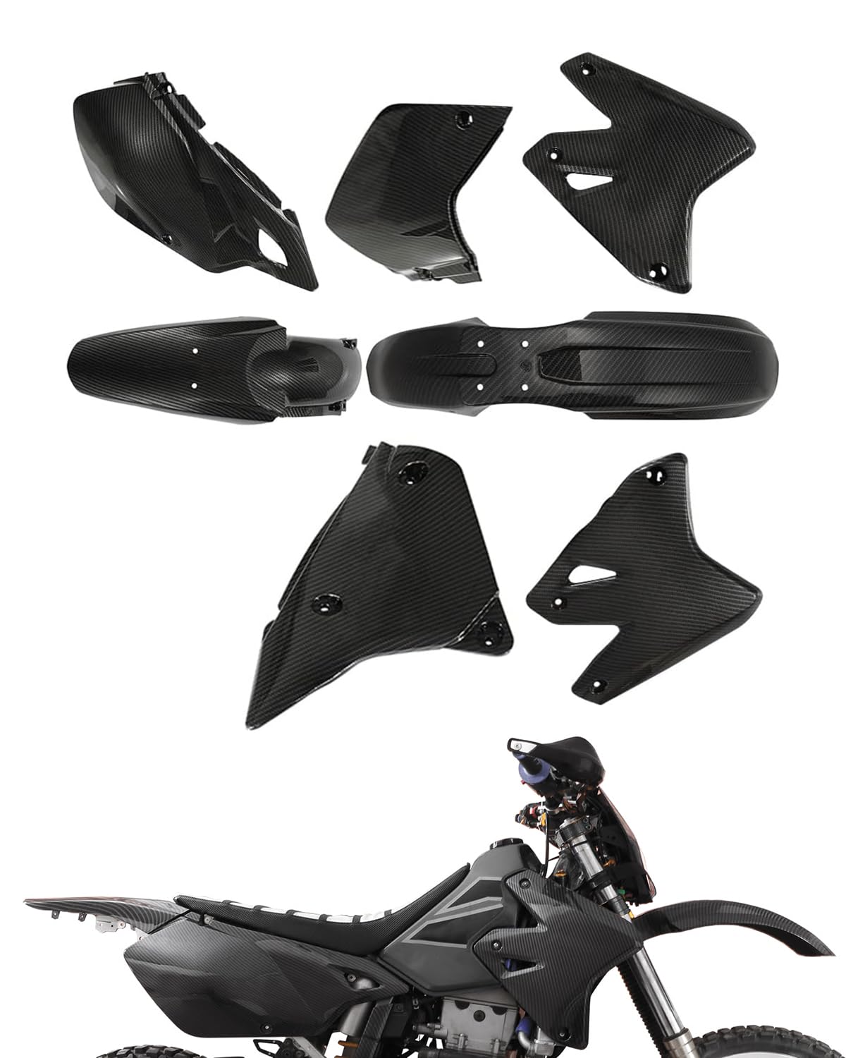 JFG Racing DRZ400 Plastic Kit - Imitation Carbon Fiber Dirt Bike Fender & Fairing Body Replacement Kit for DRZ400SM/DRZ400S/DRZ400E Supermoto (Black) | Off-Road Motorcycle Protection & Style Upgrade for Trail Riding & Motocross