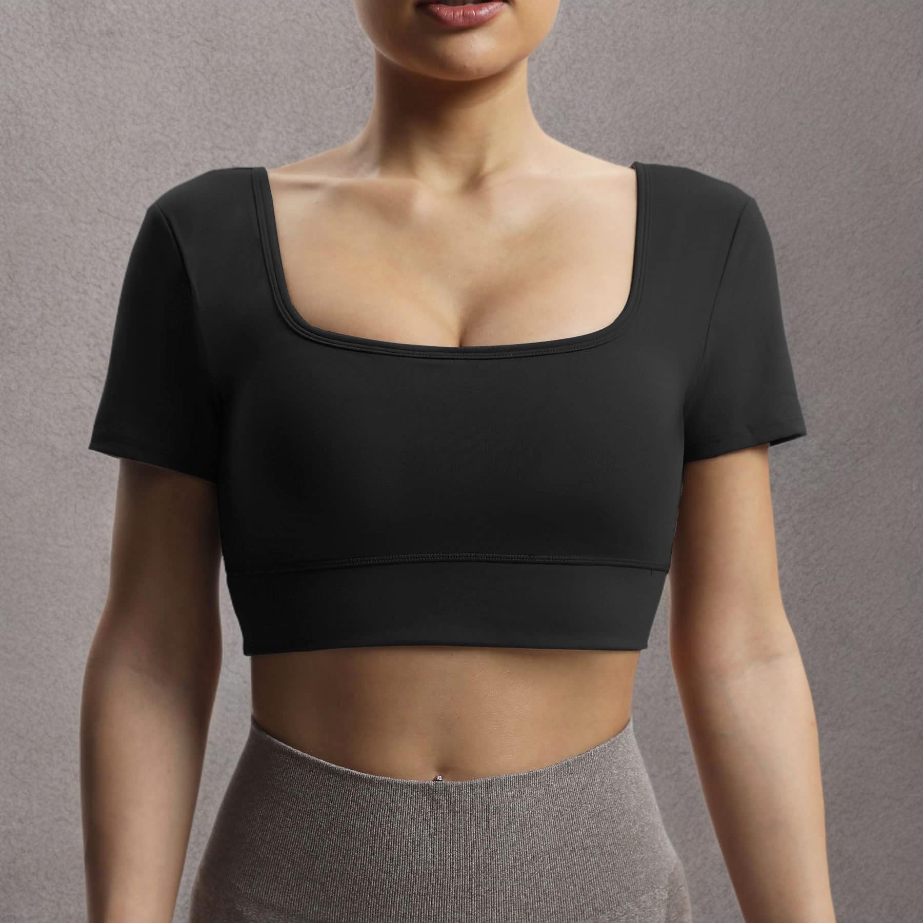 Aoxjox Women's Short Sleeve Crop Top - Square Neck V-Back Workout Shirt for Yoga, Running & Gym | Trendy Longline Cropped T-Shirt for Summer & Casual Wear