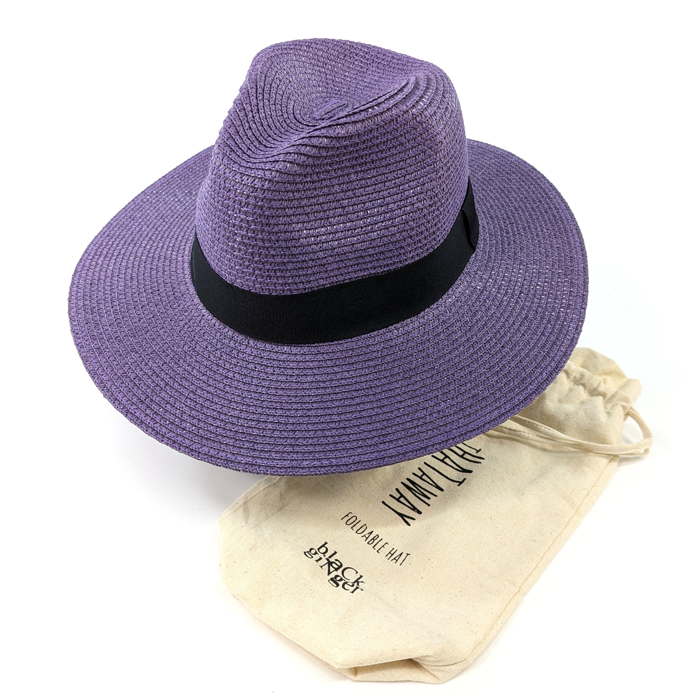 Regal Purple Panama Foldable Sun Hat with Black Ribbon - 57cm Wide Brim for Women - Perfect for Beach, Garden & Summer Outdoor Activities