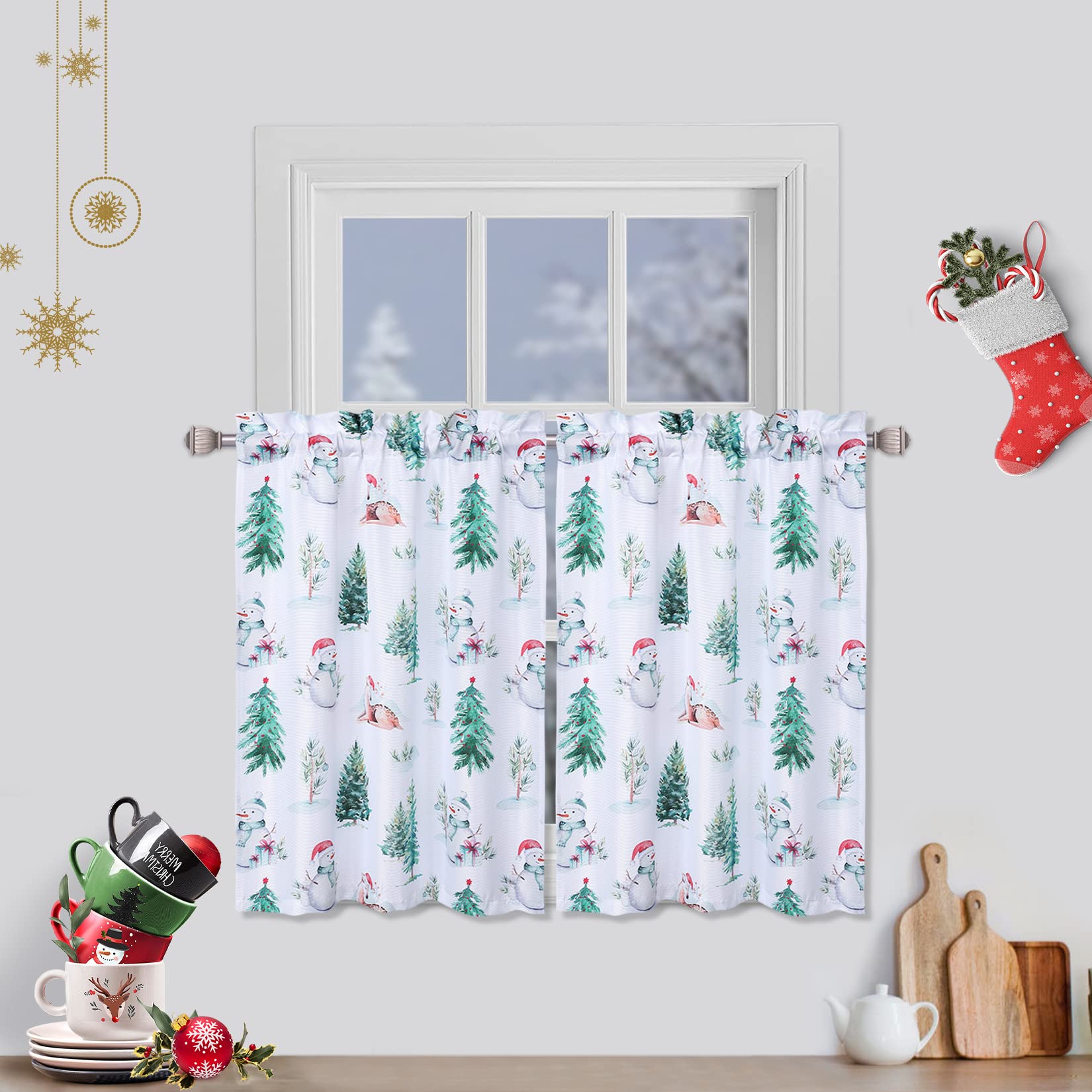 ROYGROW Christmas Window Curtains 30 Inch - 2 Panels Holiday Decor with Tree Snowman Reindeer Design, Rod Pocket Kitchen & Bathroom Curtains, Velvet Winter Decorations in White and Green, 27W x 30H - Perfect for Christmas Home Decor, Holiday Party, and Winter Season Gifts