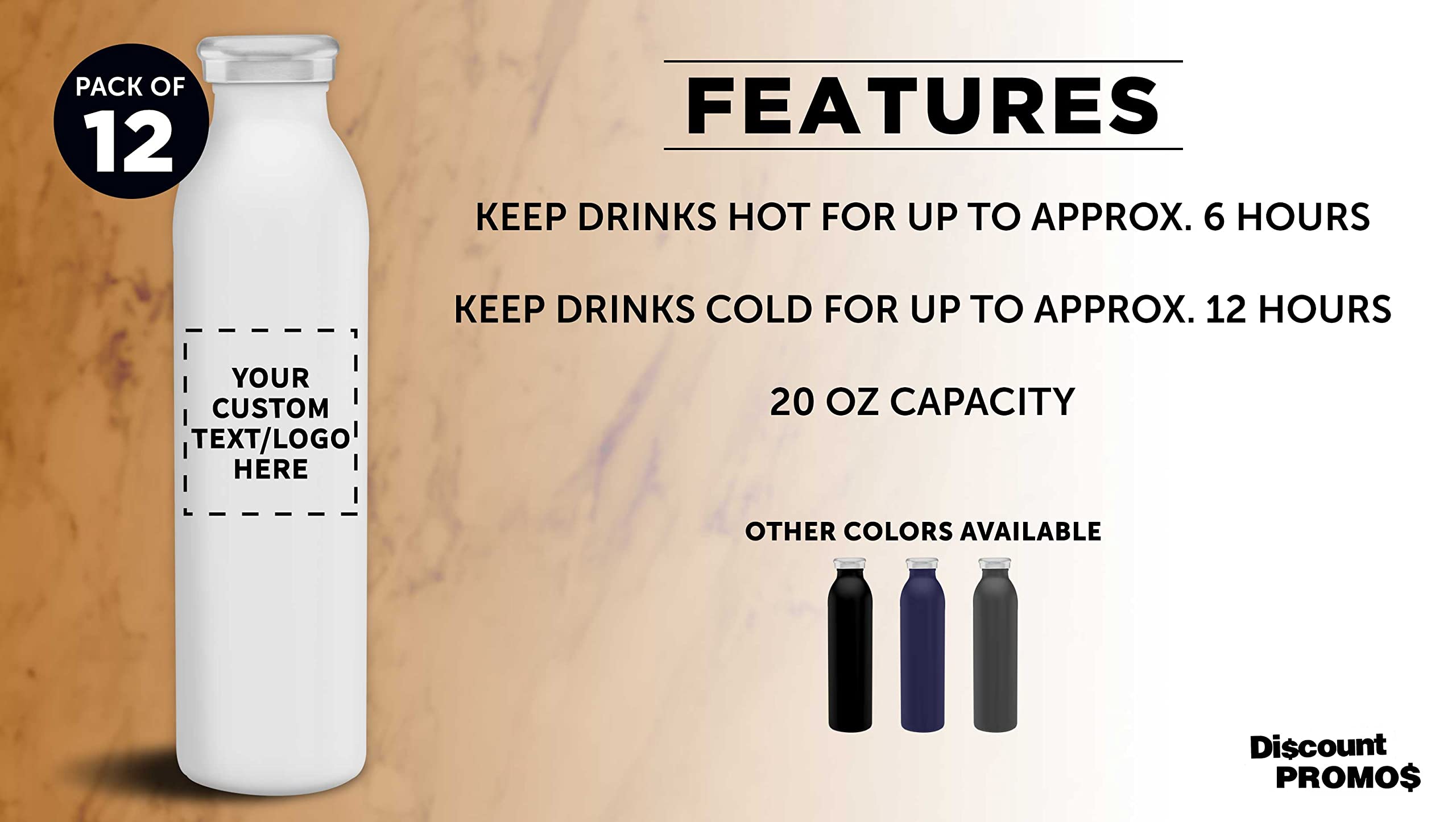 12-Pack Custom Posh 20oz Stainless Steel Water Bottles - Double Wall Insulated, Personalized Bulk Order - Keeps Hot & Cold Beverages Perfect for Coffee, Tea, Soda - Ideal for Corporate Gifts, Promotional Events & Outdoor Activities - White