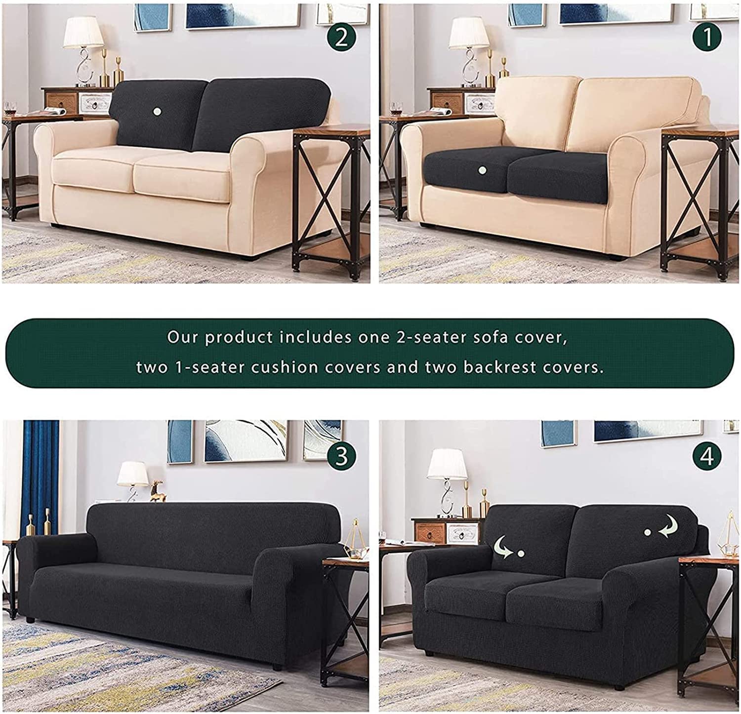 YYHSND 5-Piece Stretch Velvet Sofa Cover Set - 2 Seater Couch Slipcover for Loveseat with Separate Backrests & Cushion Cover | Elastic Band & Soft Fabric | Dark Grey | Perfect for Living Room, Bedroom & Home Decor