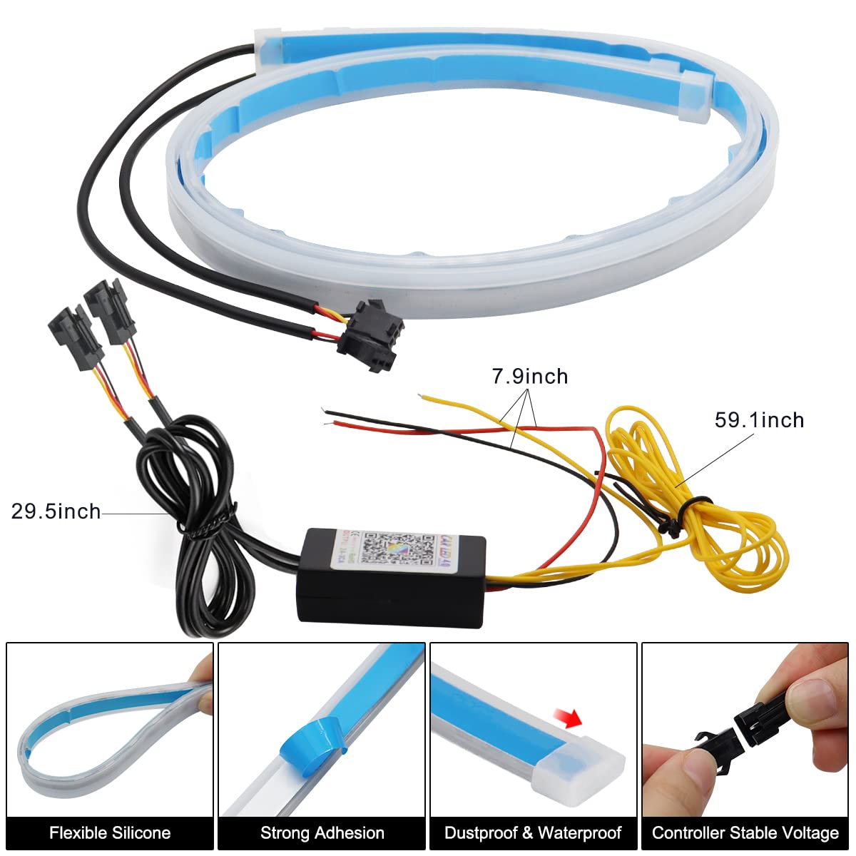 TEKSHINNY 2Pcs 24-Inch Flexible LED Car Headlight Strip - Dual Color Red/Yellow Turn Signal Lights, Waterproof Daytime Running Lights for Trucks & SUVs | Perfect for Night Driving & Vehicle Customization