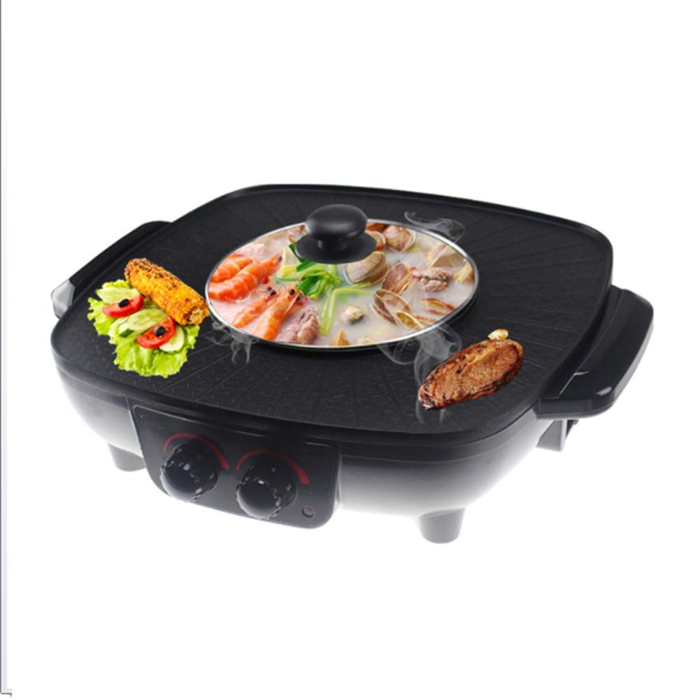 FCXBQ Electric Hot Pot & Grill - 1500W Smokeless Non-Stick BBQ Pan with Dual Temp Control - Healthy Coating Indoor Grill for Korean BBQ, Hot Pot, Shabu Shabu - Perfect for Family Gatherings & Party Cooking