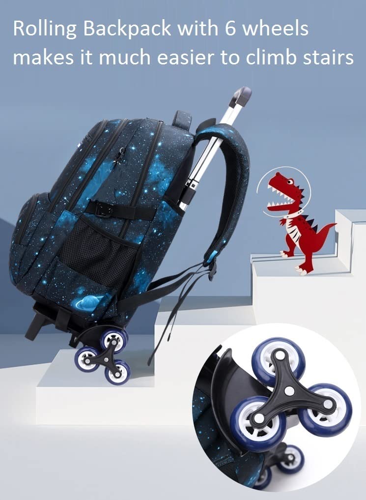 3Pcs Boys Galaxy Rolling Backpack with Wheels - Trolley Bookbag Wheeled School Backpack for Kids with Lunch Bag - Perfect for School, Travel, and Daily Commute